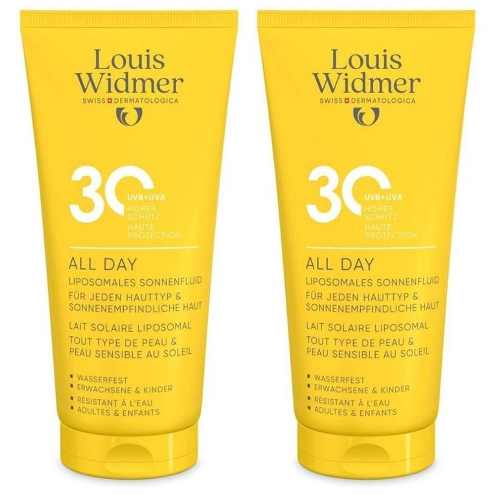 Deux tubes jaunes de fluide solaire Louis Widmer All Day SPF 30.
