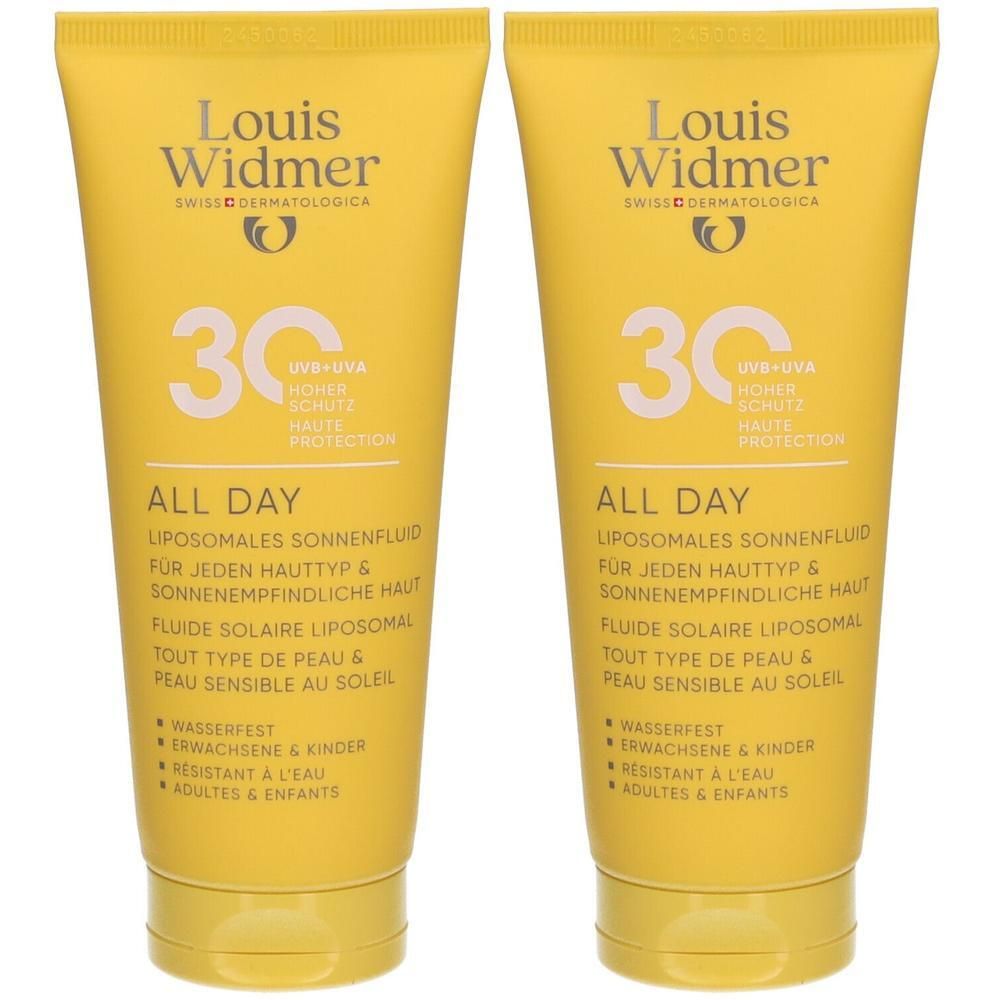 Deux tubes jaunes de crème solaire. Inscription: Louis Widmer, All Day SPF30. Texte en allemand, français et autres langues.
