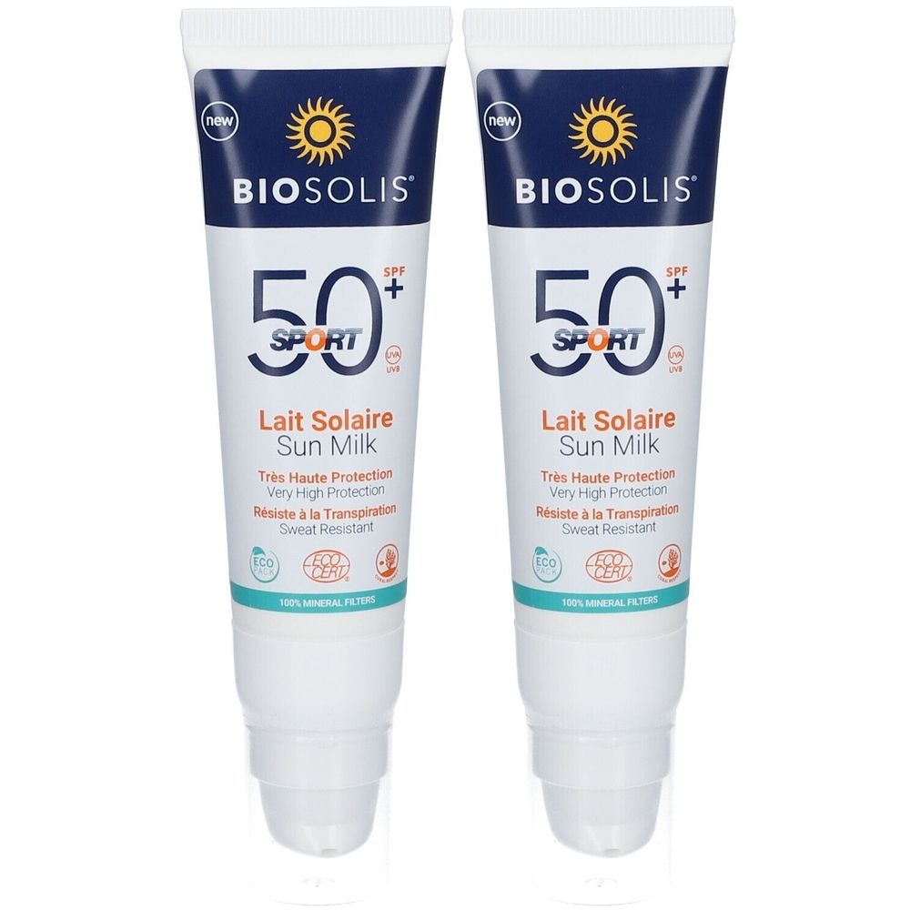 Deux tubes de BIOSOLIS Lait Solaire Sport SPF50+. Tubes blancs avec texte bleu et logo soleil. Inscription: Lait Solaire, Sun Milk.