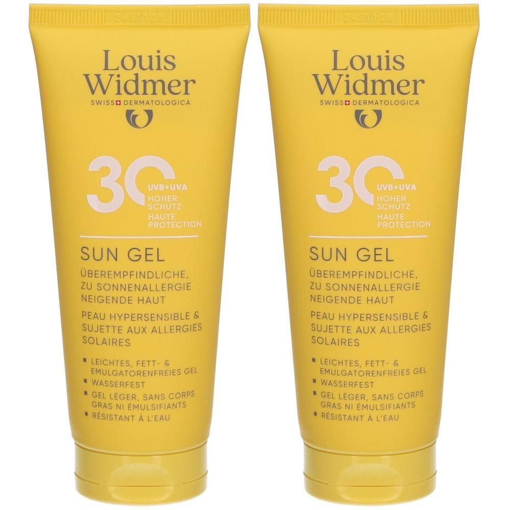 Deux tubes jaunes de Louis Widmer Sun Gel SPF30. Inscription : 30, Sun Gel, pour peaux allergiques au soleil. Résistant à l'eau.