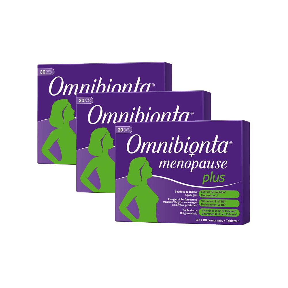 Trois boîtes Omnibionta® Ménopause Plus. Emballage violet, logo et silhouette féminine.