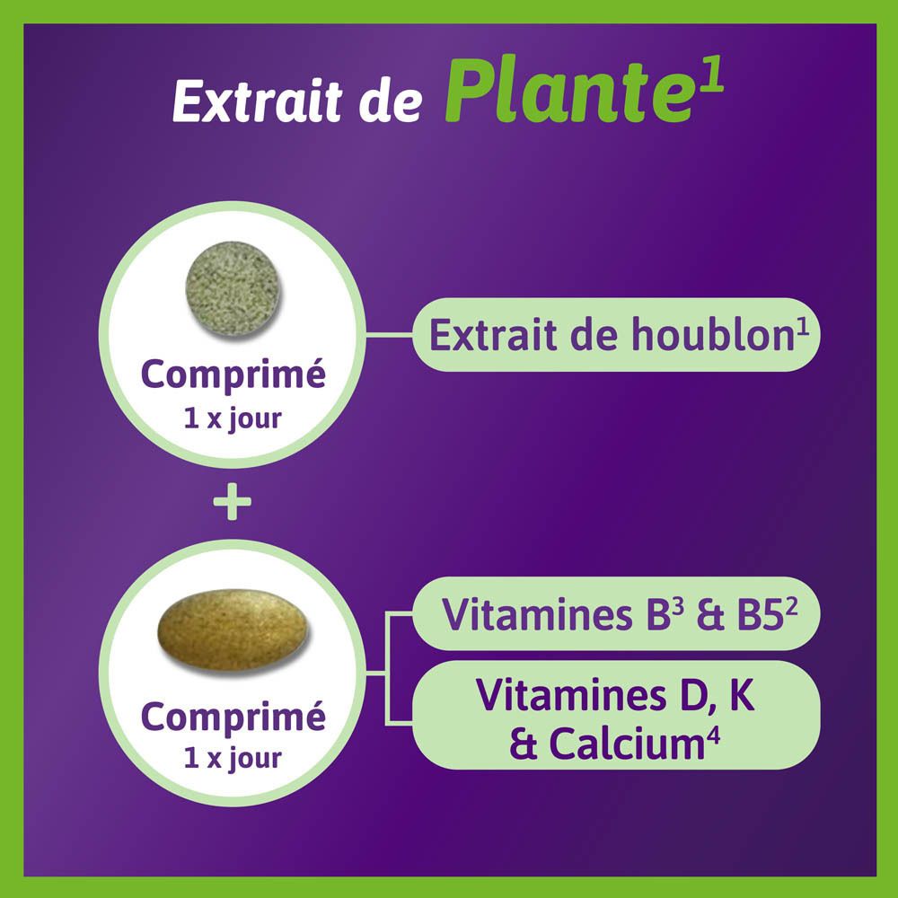 Deux illustrations de comprimés: Extrait de houblon et Vitamines B3 & B5, Vitamine D, K & Calcium. Fond violet.