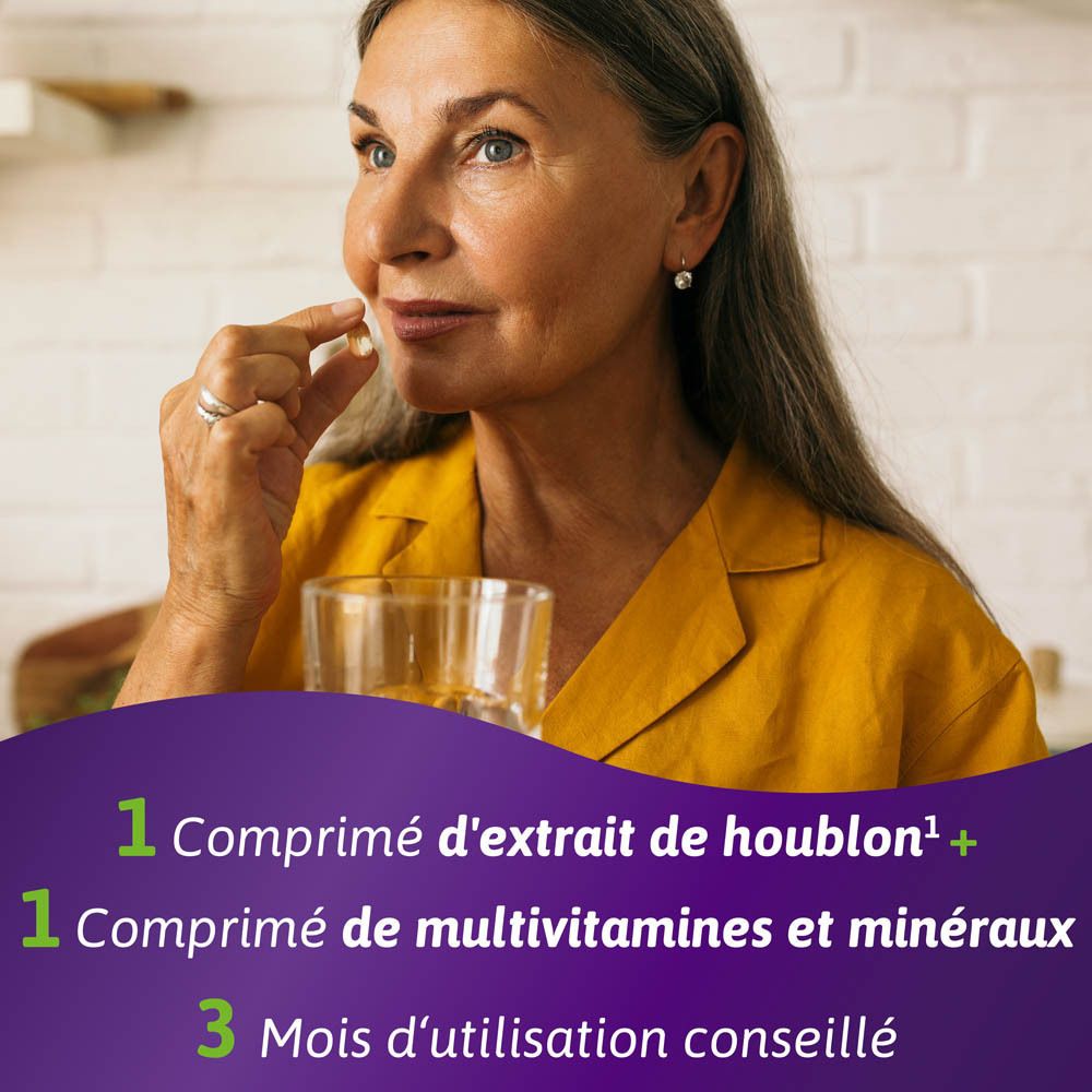Femme prenant un comprimé. Texte: 1 Comprimé d'extrait de houblon + 1 Comprimé de multivitamines. Fond violet.