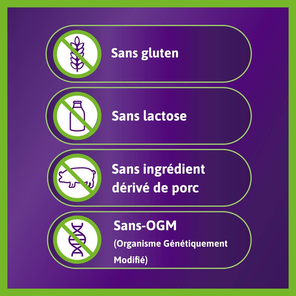 Symboles: Sans gluten, Sans lactose, Sans ingrédients dérivés de porc, Sans OGM. Fond violet.