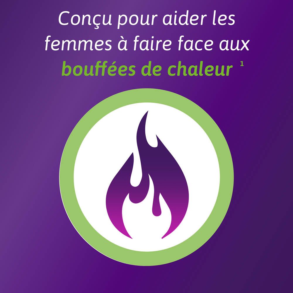 Femme avec éventail « stay cool ». Logo Omnibionta menopause. Fond violet.