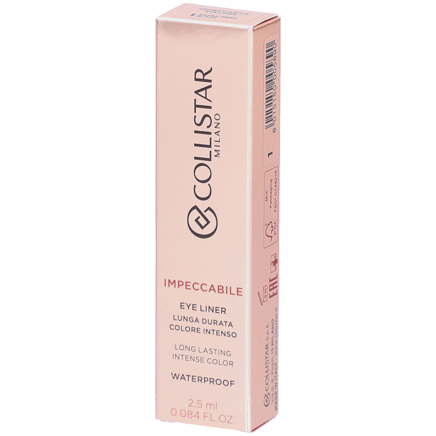 Boîte rose avec eye-liner noir. Texte: Collistar Milano, Impeccabile Eye Liner, 2,5 ml, waterproof.