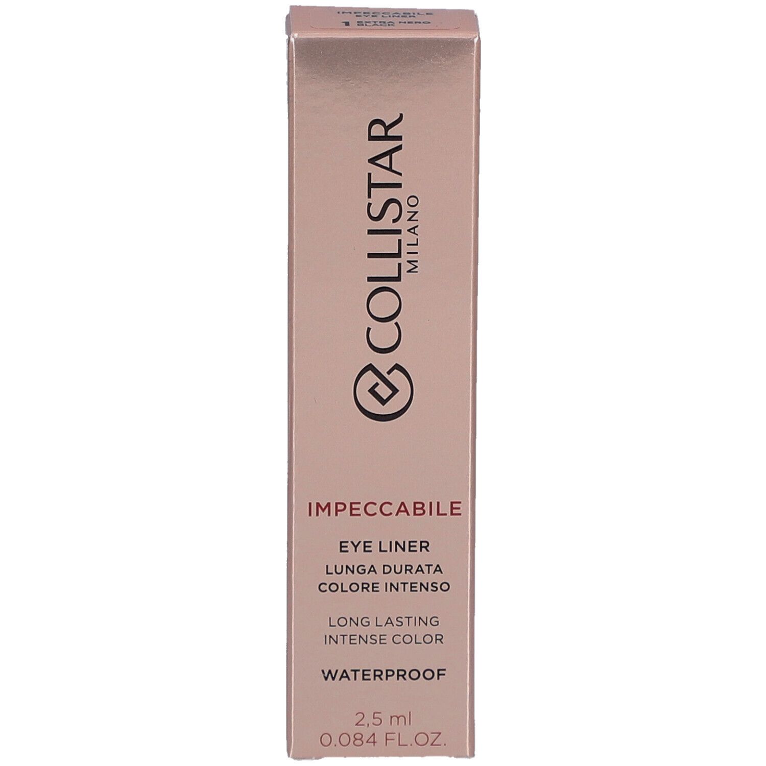 Boîte rose avec eye-liner noir. Texte: Collistar Milano, Impeccabile Eye Liner, 2,5 ml.