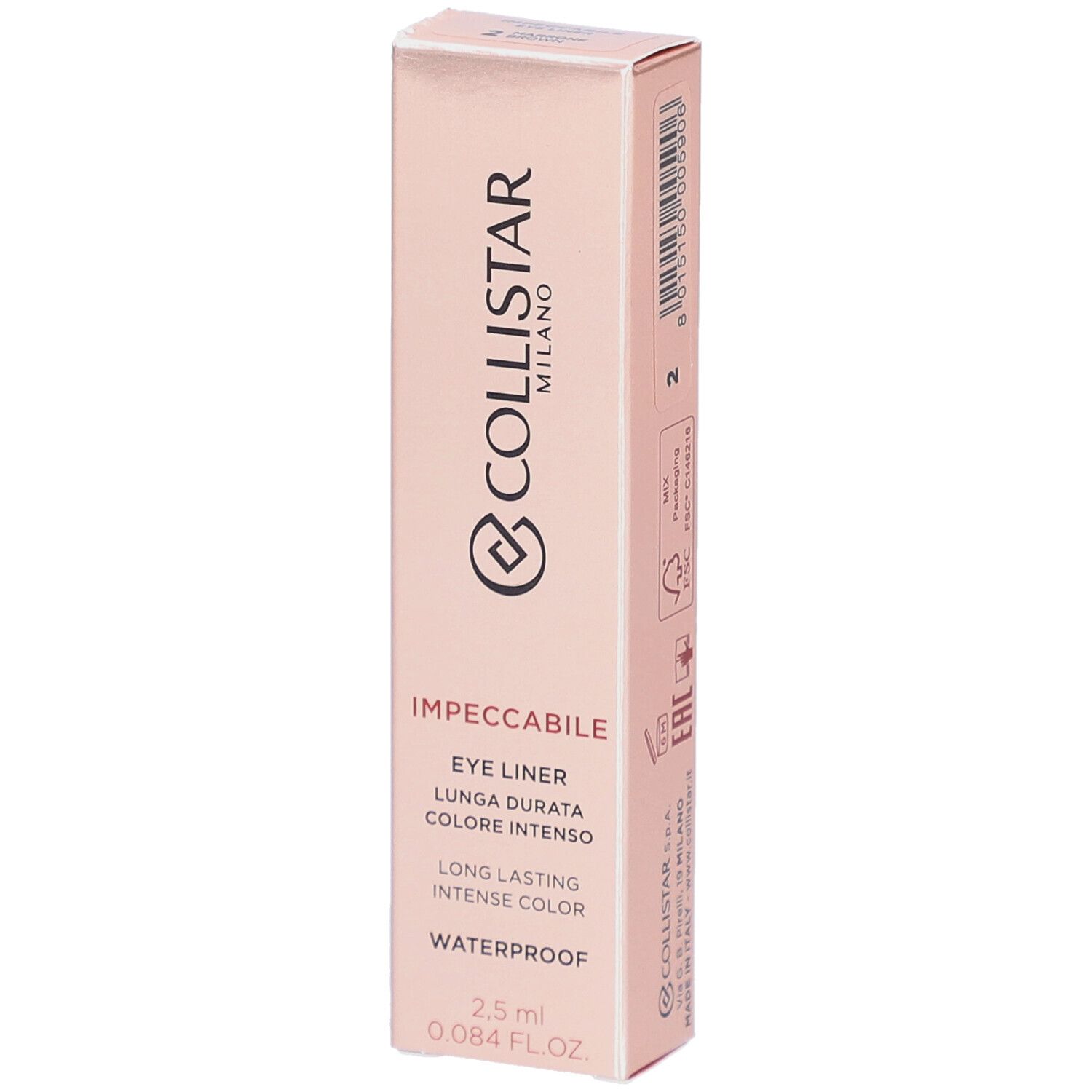 Boîte rose avec informations produit. Collistar Milano, Eye Liner Impeccabile, waterproof. 2,5 ml.