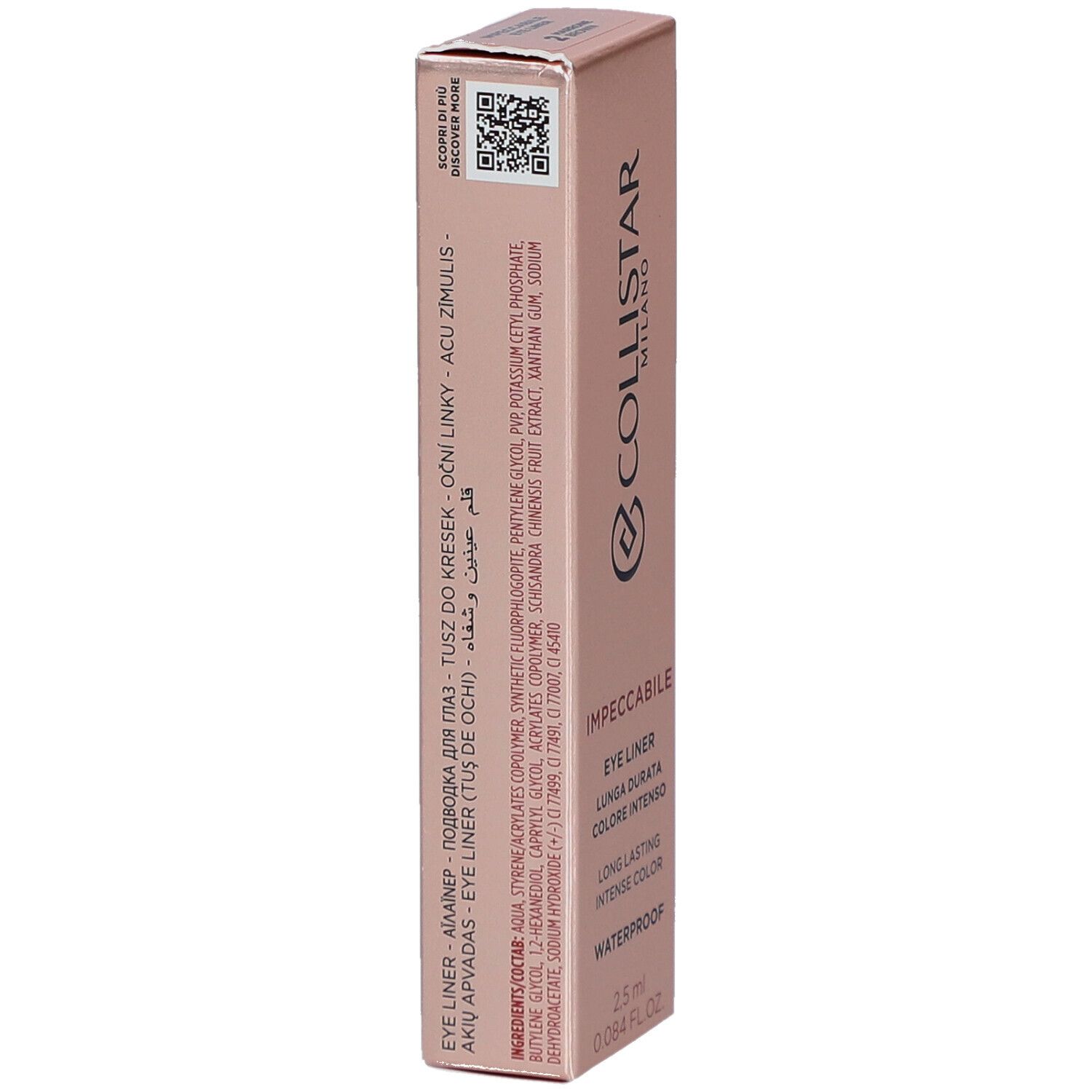 Dos de la boîte rose. Informations produit, ingrédients, code QR. Collistar Milano, Eye Liner.