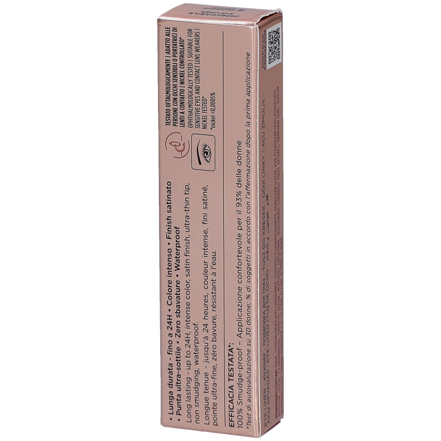 Dos de la boîte rose. Informations produit, texte, logos. Collistar Milano, Eye Liner.