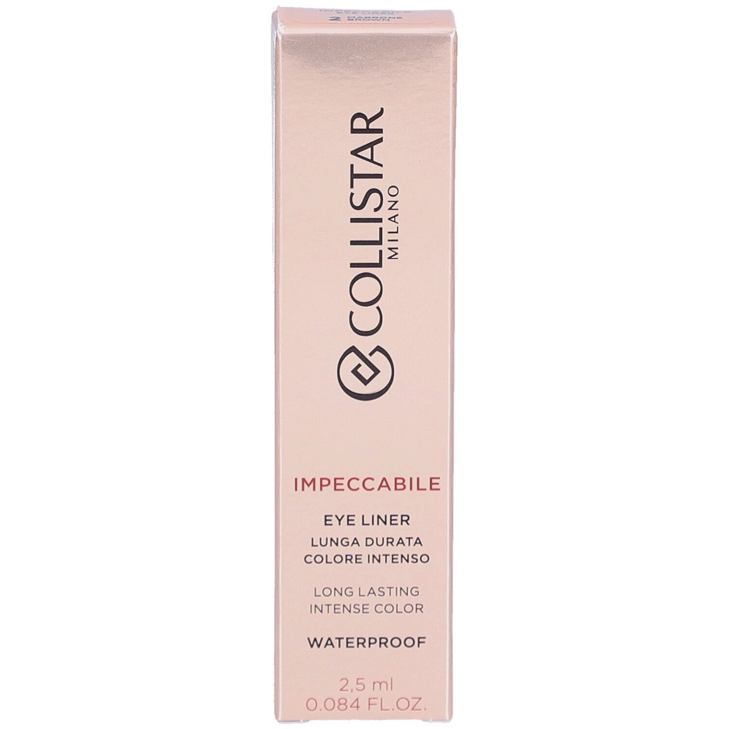 Boîte rose avec informations produit. Collistar Milano, Eye Liner Impeccabile, waterproof. 2,5 ml.