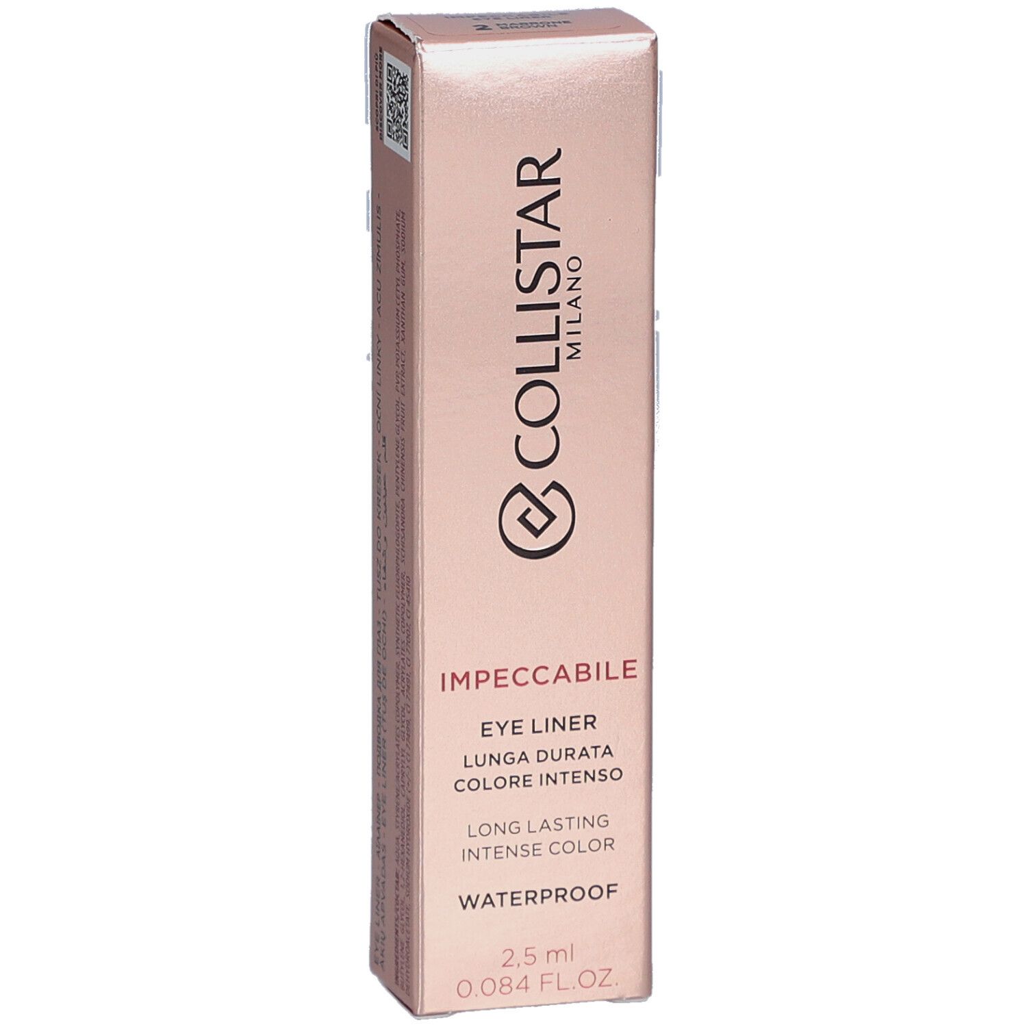 Boîte rose avec informations produit. Collistar Milano, Eye Liner Impeccabile, waterproof. 2,5 ml.