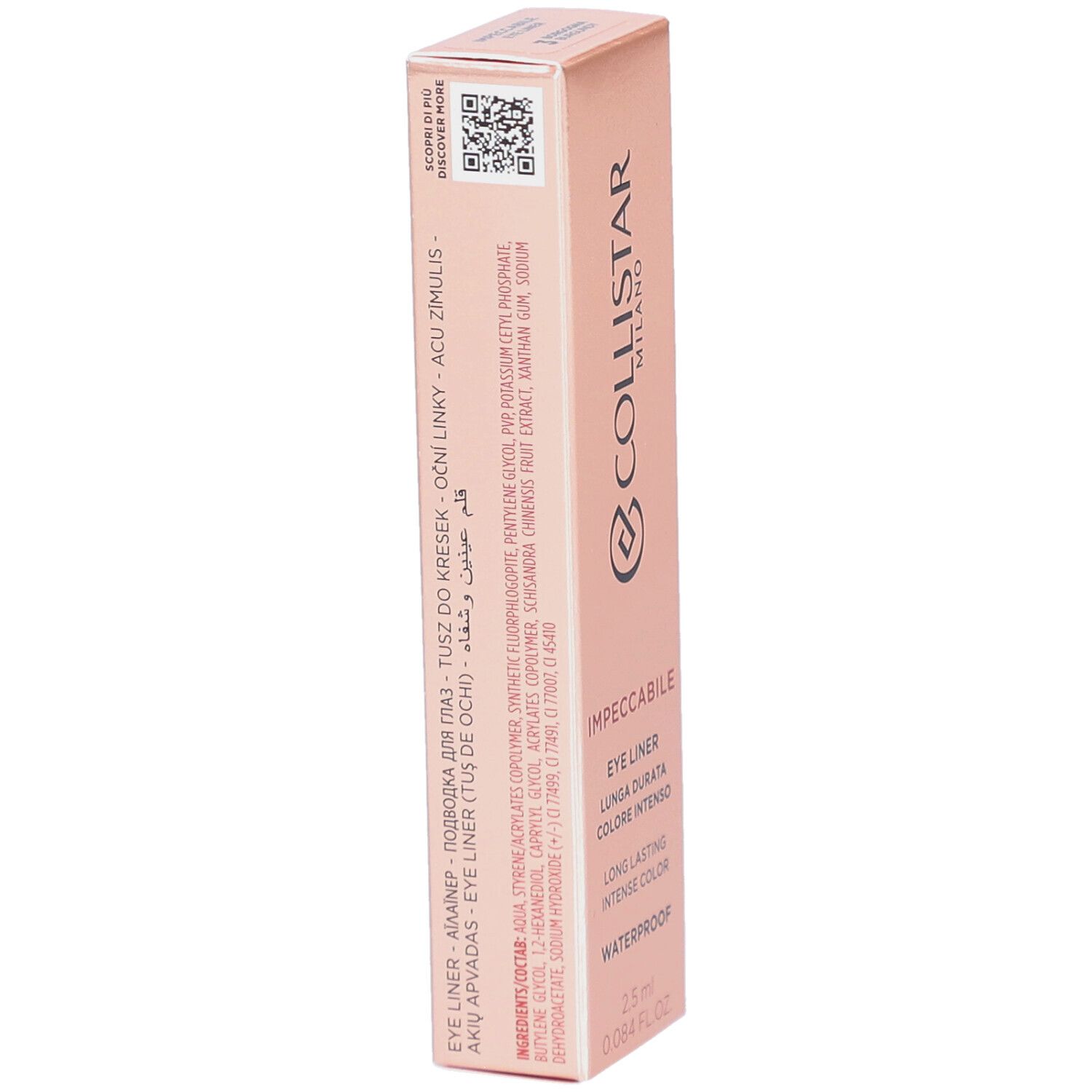 Boîte rose avec informations produit et code QR. Contient un eye-liner de 2,5 ml.