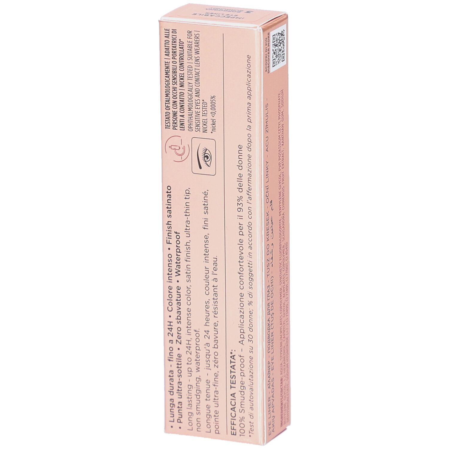 Boîte rose avec informations produit et indications de test. Contient un eye-liner de 2,5 ml.
