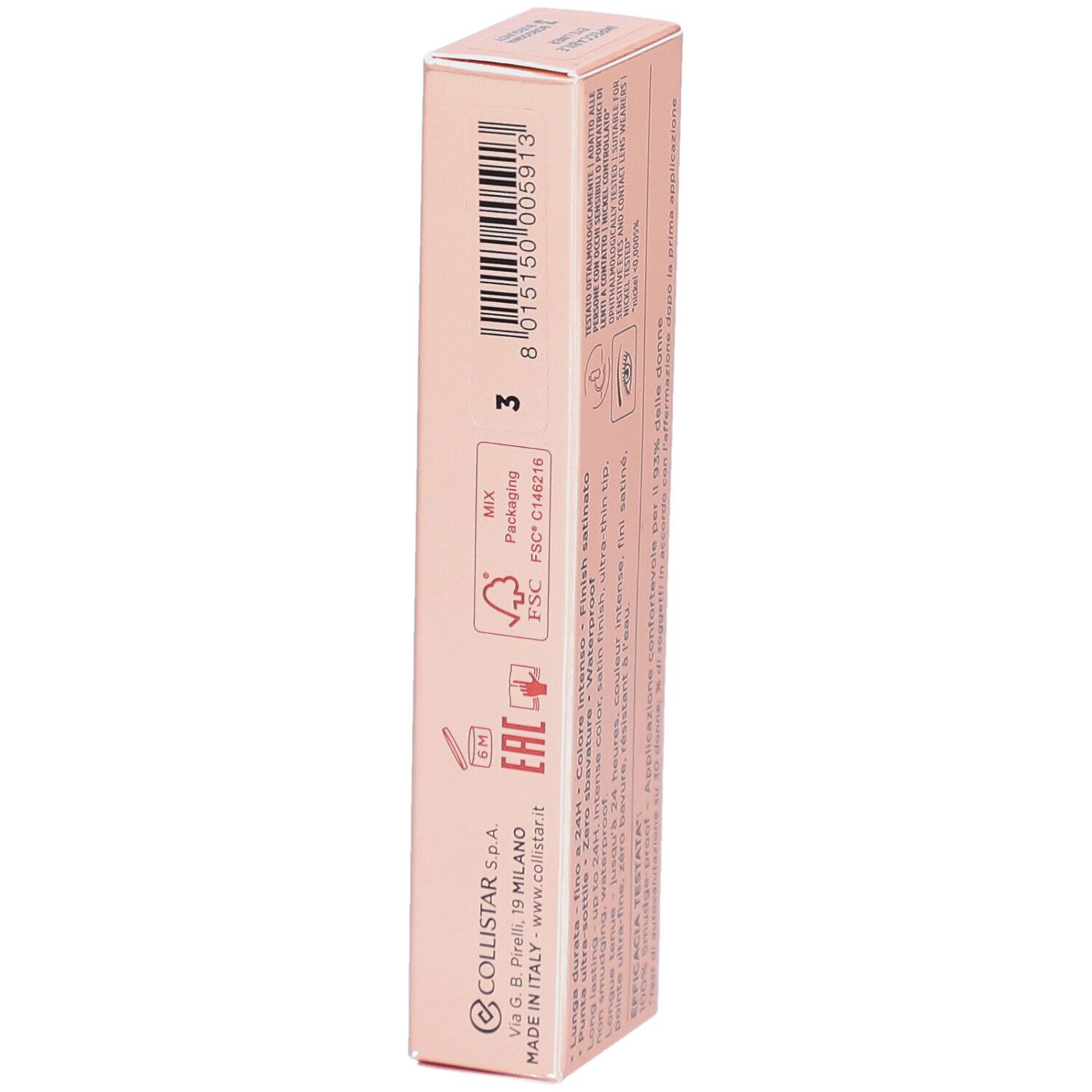 Boîte rose avec informations produit et certification FSC. Contient un eye-liner de 2,5 ml.