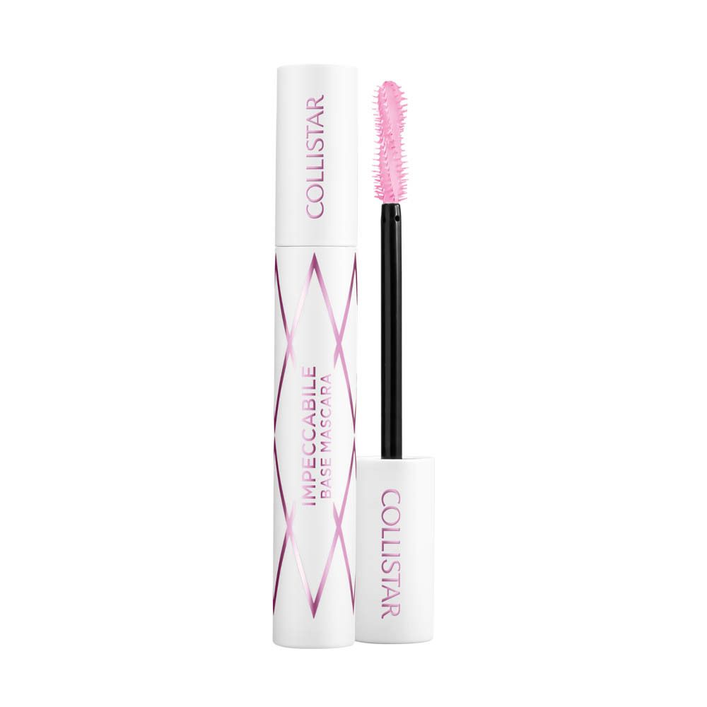 Contenant de mascara blanc avec des accents roses. Texte: Collistar, Impeccabile Base Mascara.