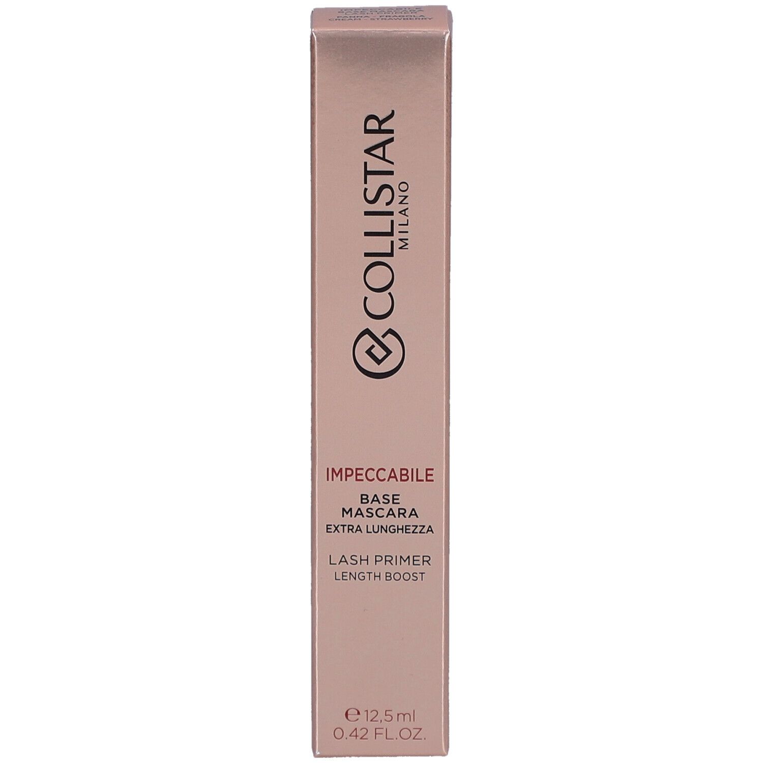 Boîte de mascara rose. Texte: Collistar Milano, Impeccabile Base Mascara Extra Lunghezza, Lash Primer Length Boost.