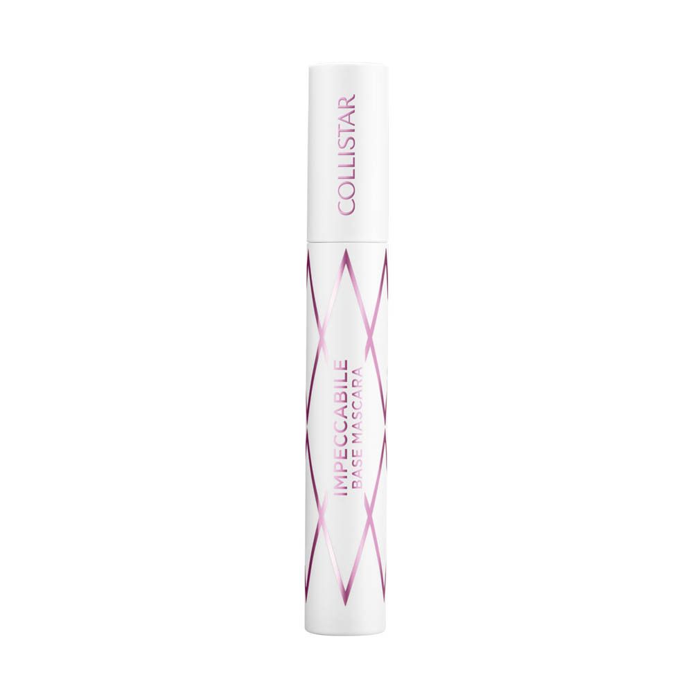 Contenant de mascara blanc avec des accents roses. Texte: Collistar, Impeccabile Base Mascara.