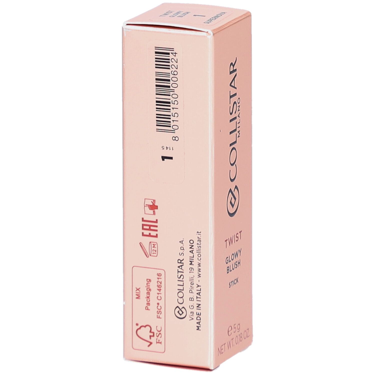 Emballage rose. Collistar Milano Twist Glowy Blush Stick. Code-barres, logo FSC, logo EAC.