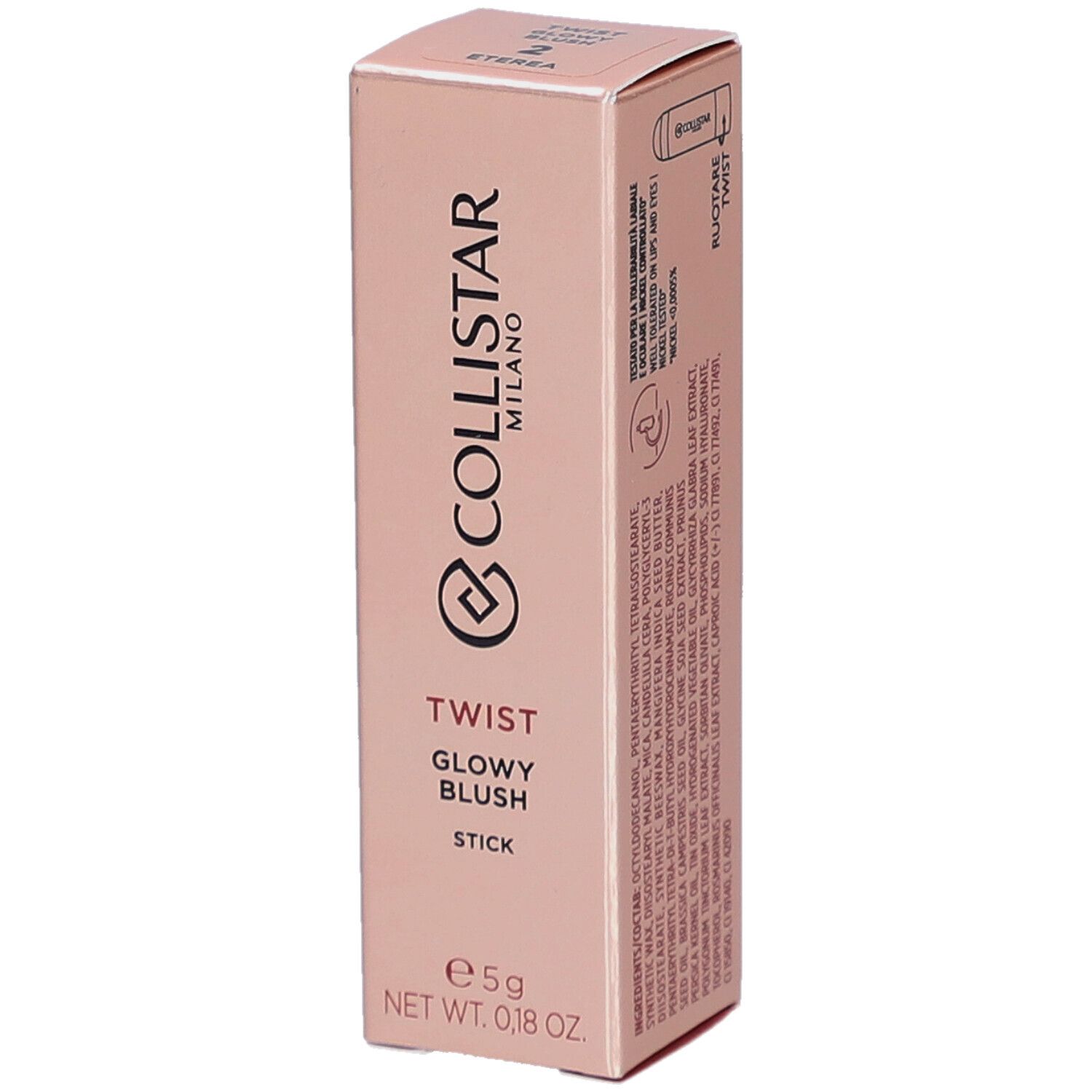 Emballage rose avec informations produit. Collistar Milano, Twist Glowy Blush, Stick. Poids net : 5g.