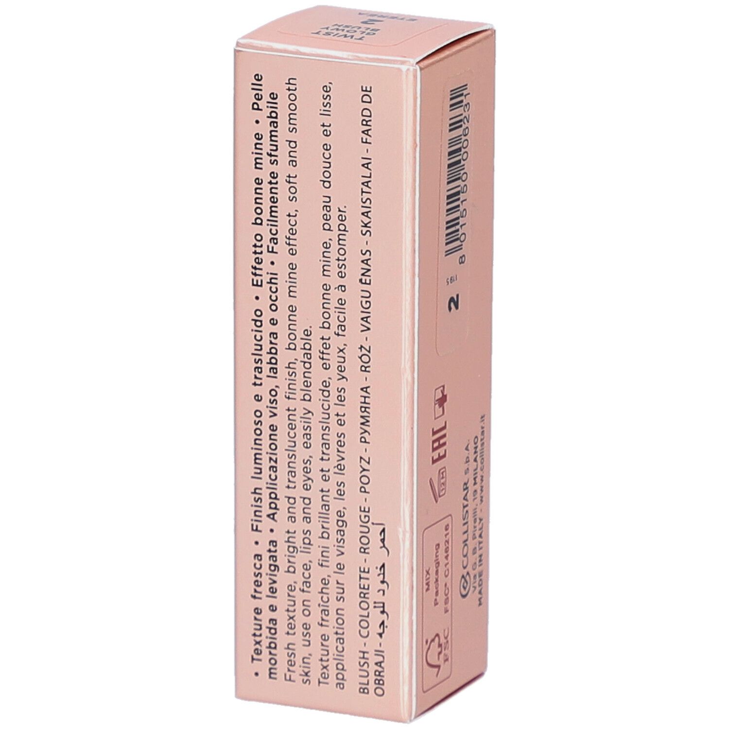 Emballage rose avec informations produit. Collistar Milano, Twist Glowy Blush, Stick. Ingrédients et texte.