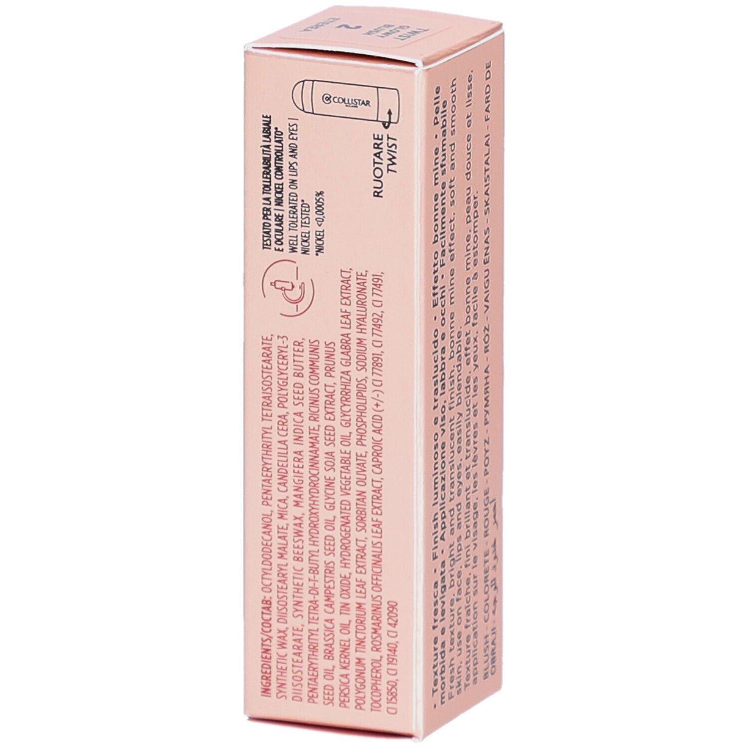 Emballage rose avec informations produit. Collistar Milano, Twist Glowy Blush, Stick. Ingrédients et texte.