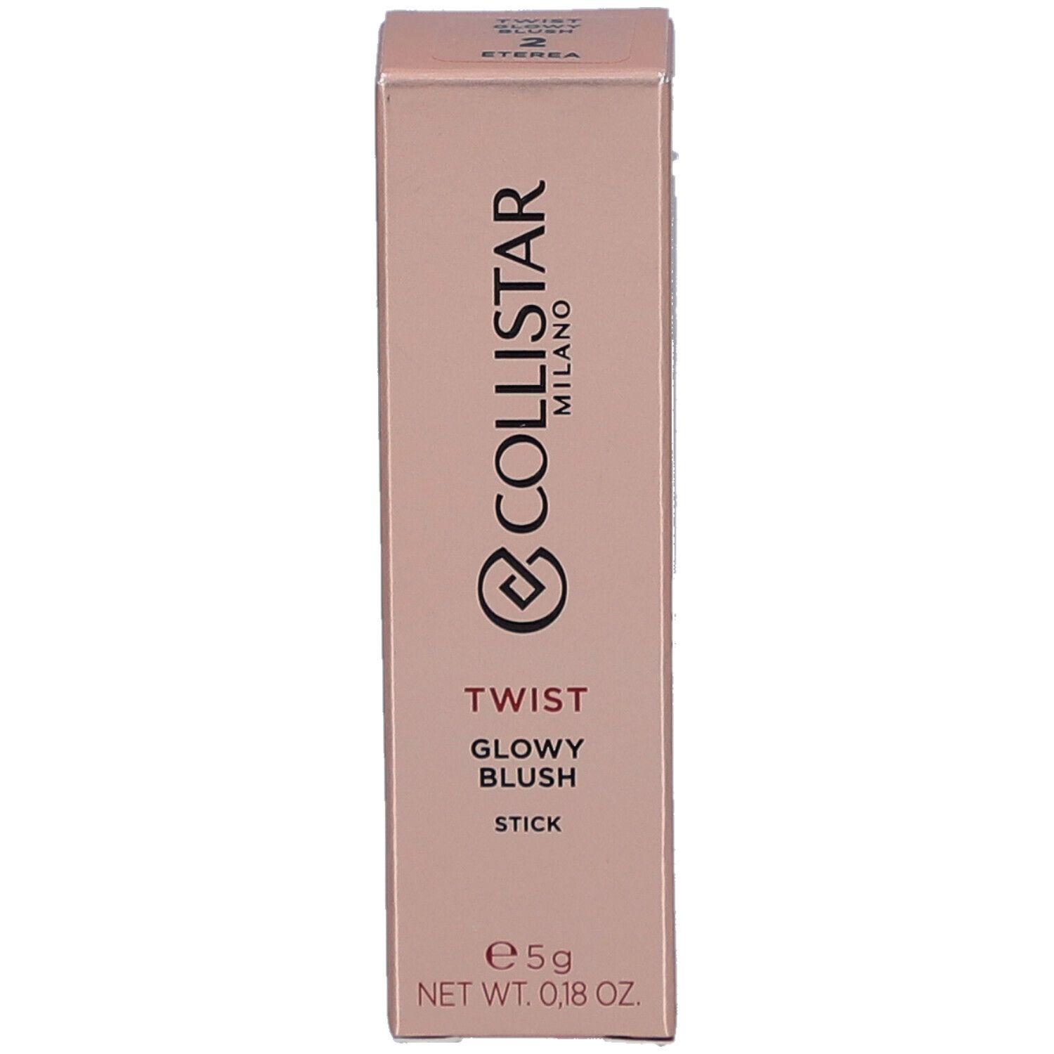 Emballage rose avec informations produit. Collistar Milano, Twist Glowy Blush, Stick. Poids net : 0,18 oz.