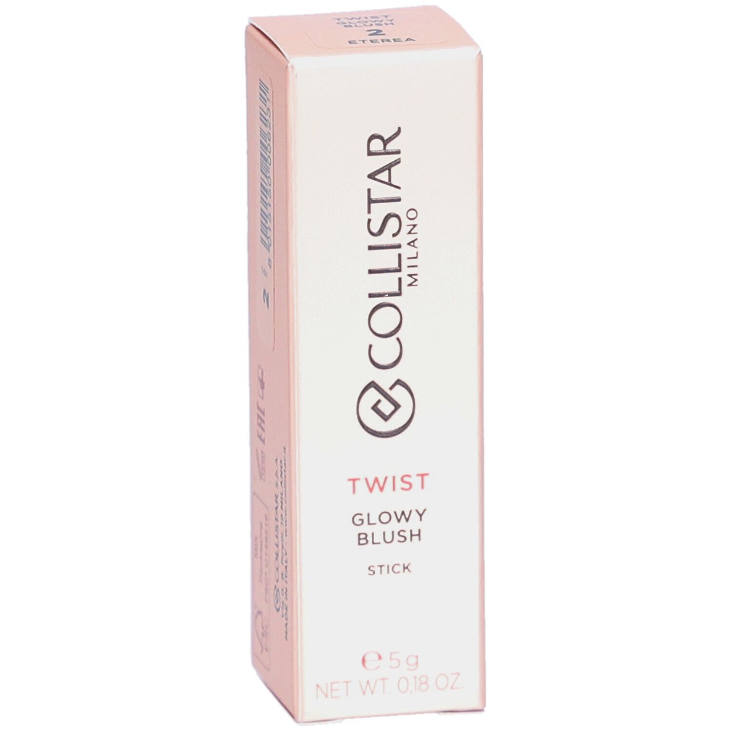 Emballage rose avec informations produit. Collistar Milano, Twist Glowy Blush, Stick. Poids net : 0,18 oz.