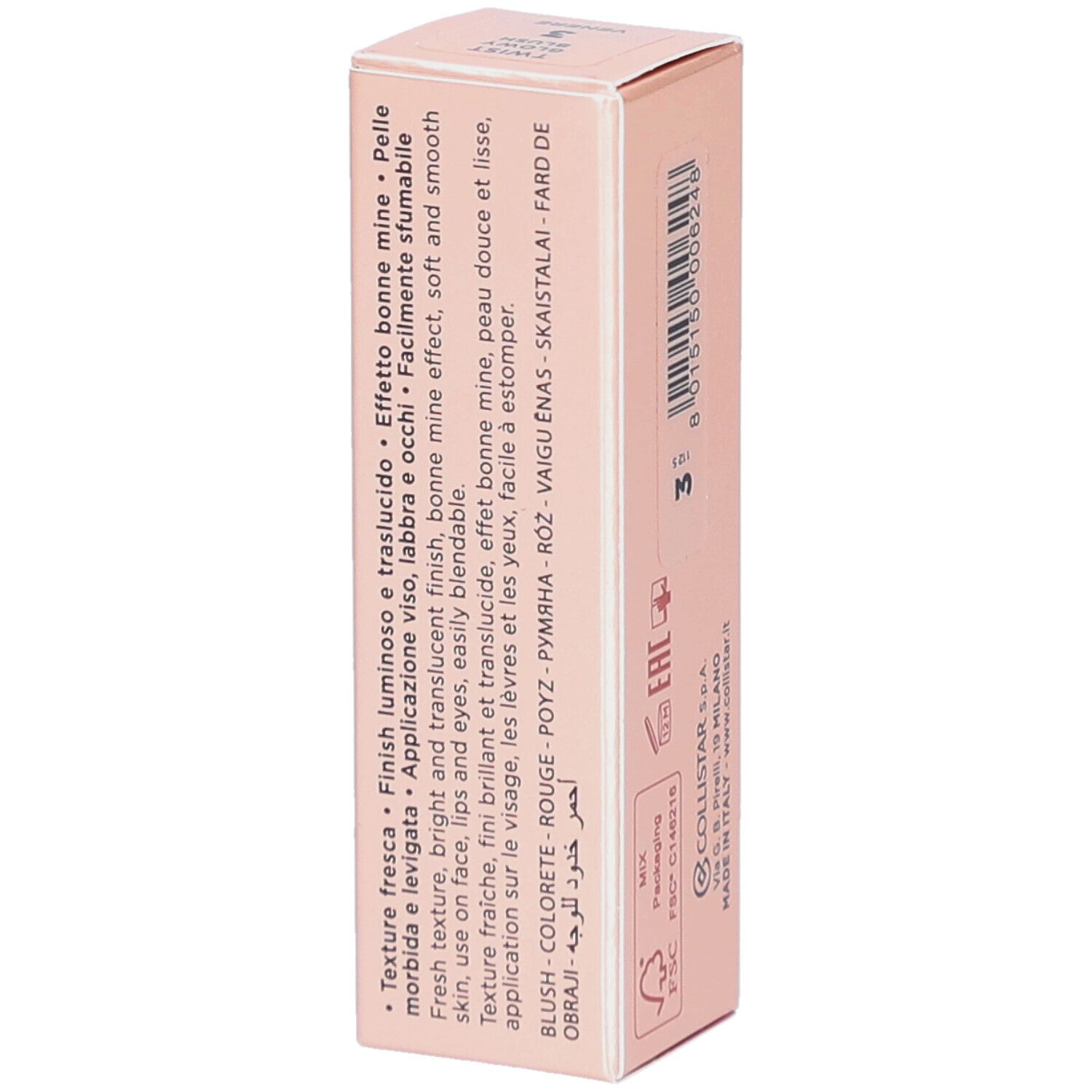 Dos de l'emballage du stick blush. Marque Collistar Milano. Description du produit en plusieurs langues.