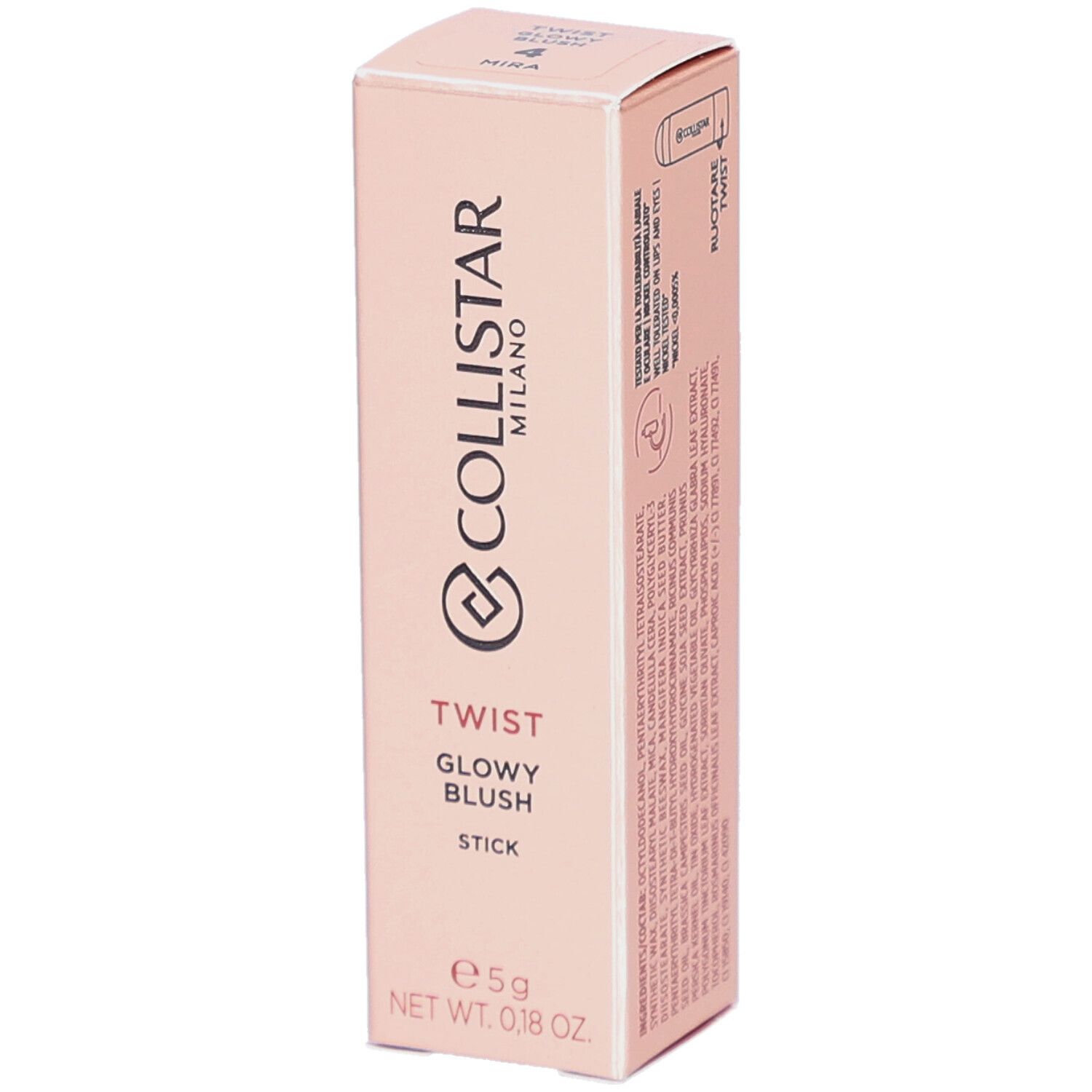 Collistar Twist Glowy Blush Stick dans son emballage. Teinte rose, informations produit et logo visibles.