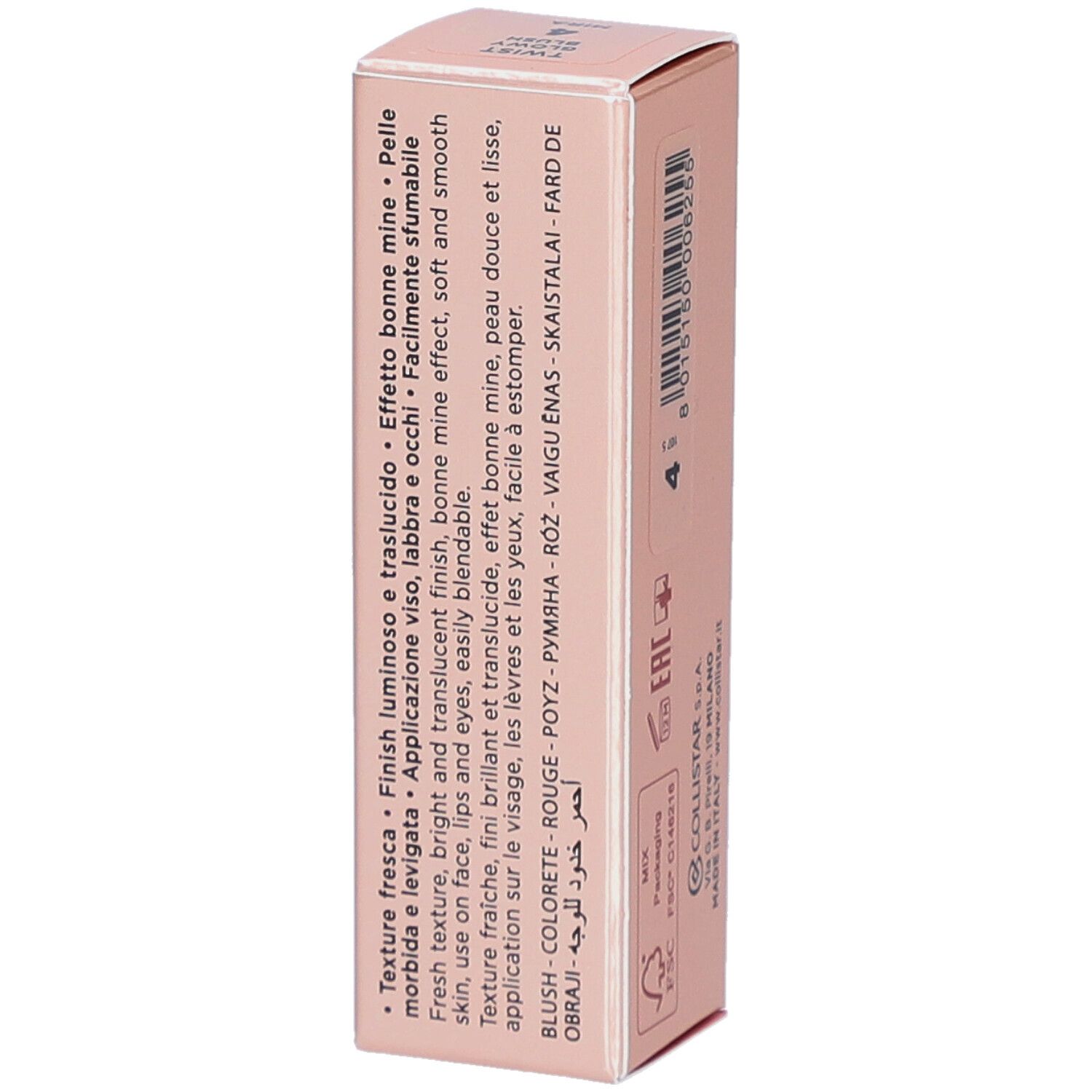 Emballage du Collistar Twist Glowy Blush Stick. Description du produit en plusieurs langues.