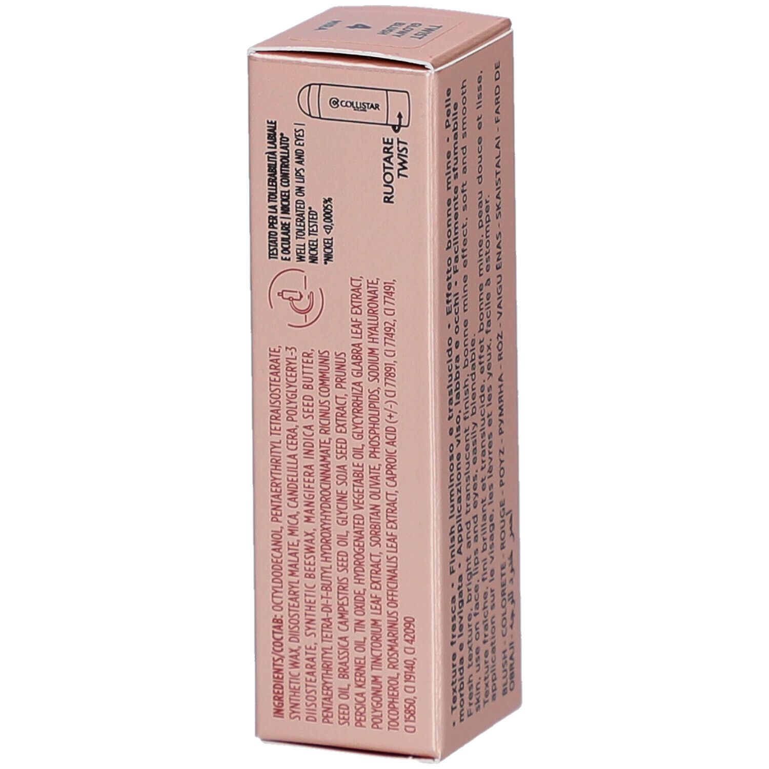 Emballage du Collistar Twist Glowy Blush Stick. Ingrédients et instructions.