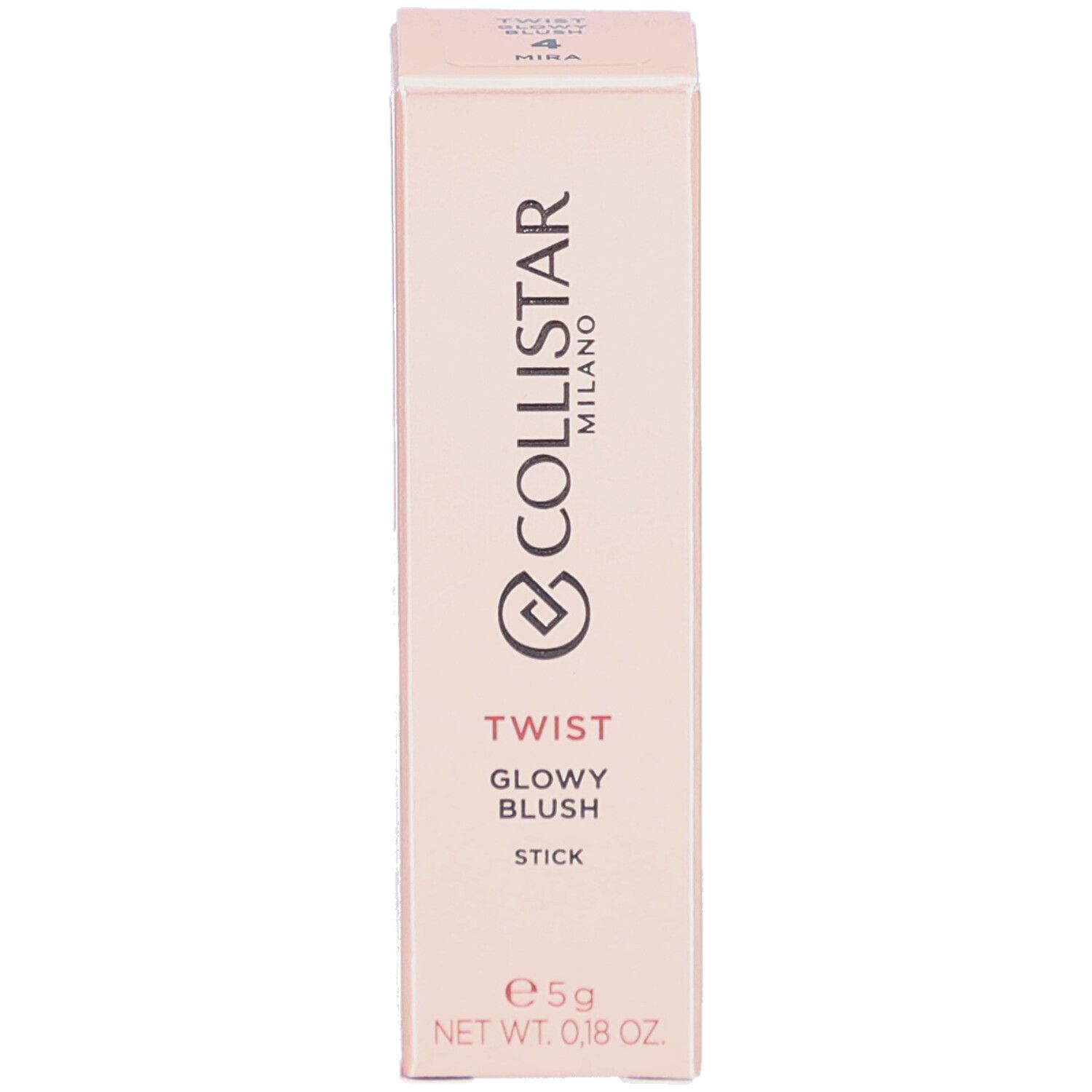 Emballage du Collistar Twist Glowy Blush Stick. Nom du produit, logo et poids net.