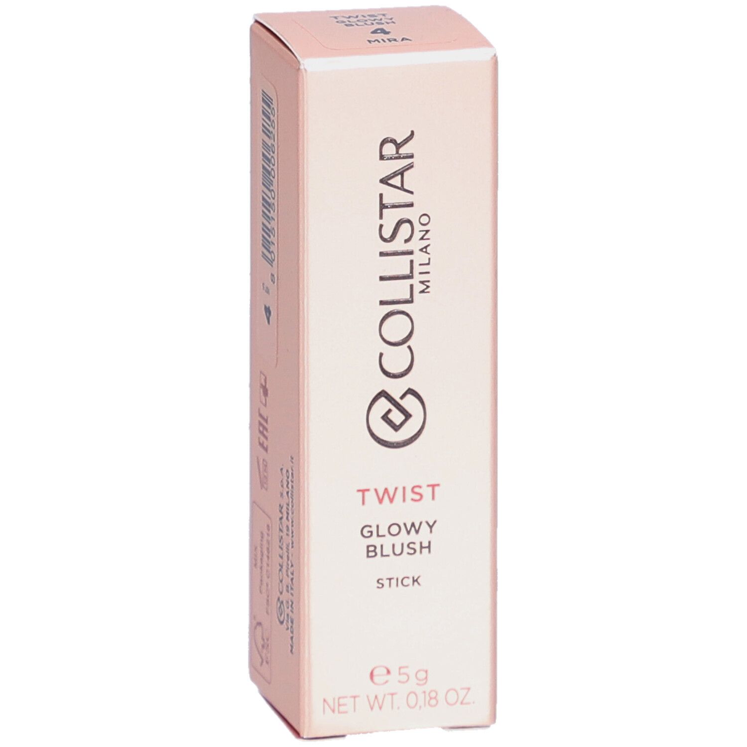 Emballage du Collistar Twist Glowy Blush Stick. Nom du produit, logo et poids net.
