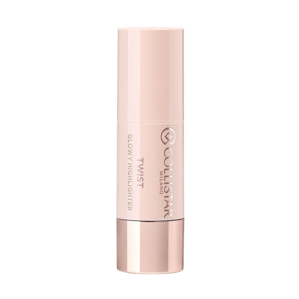 Stick de surligneur cylindrique. Corps rose, base argentée. Inscription : Twist Glowy Highlighter, Collistar.