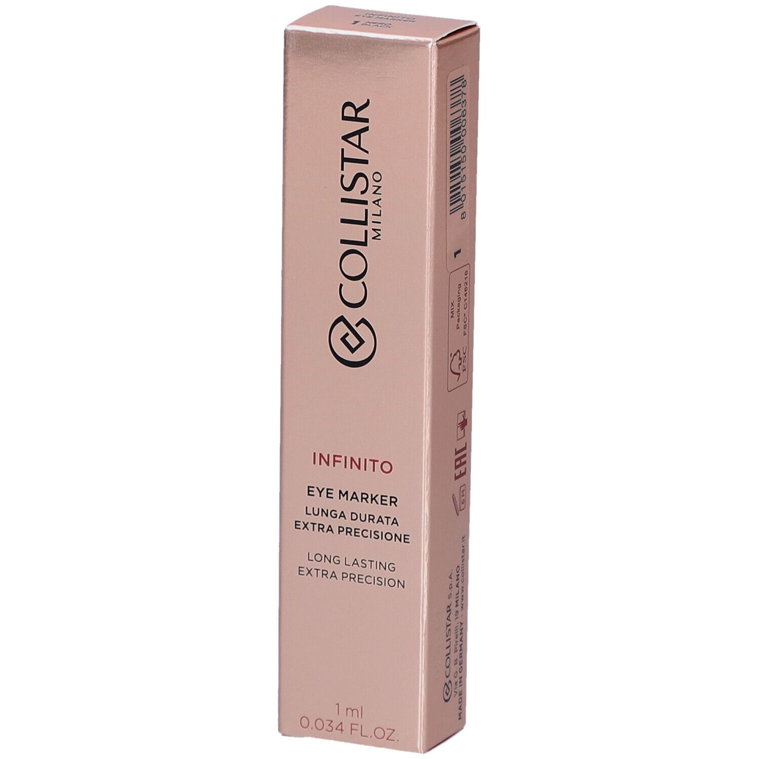 Emballage rose pour Collistar Milano Infinito Eye Marker. Texte: Eye Marker, Extra précision, 1 ml.