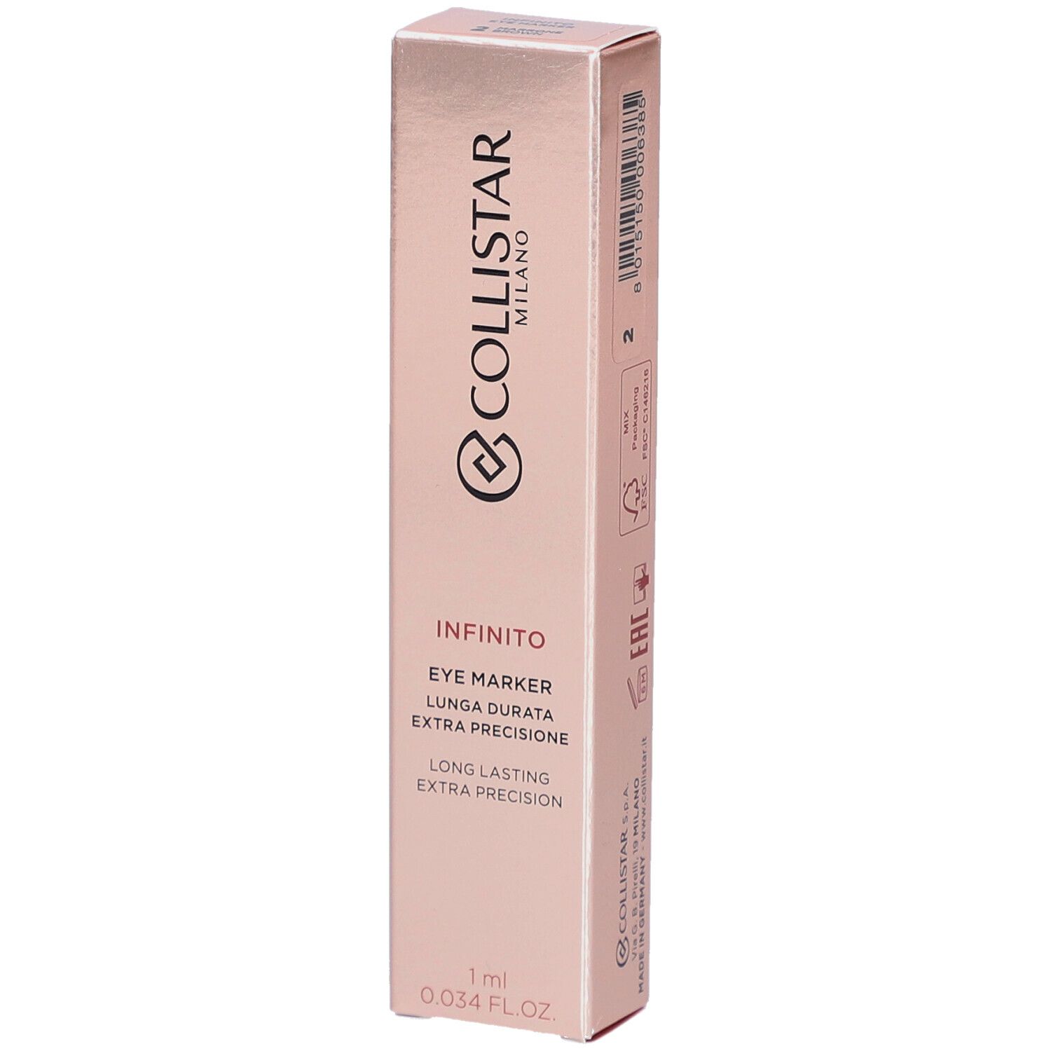 Emballage Collistar Infinito Eye Marker. Boîte rose doré avec nom et logo du produit. 1 ml.