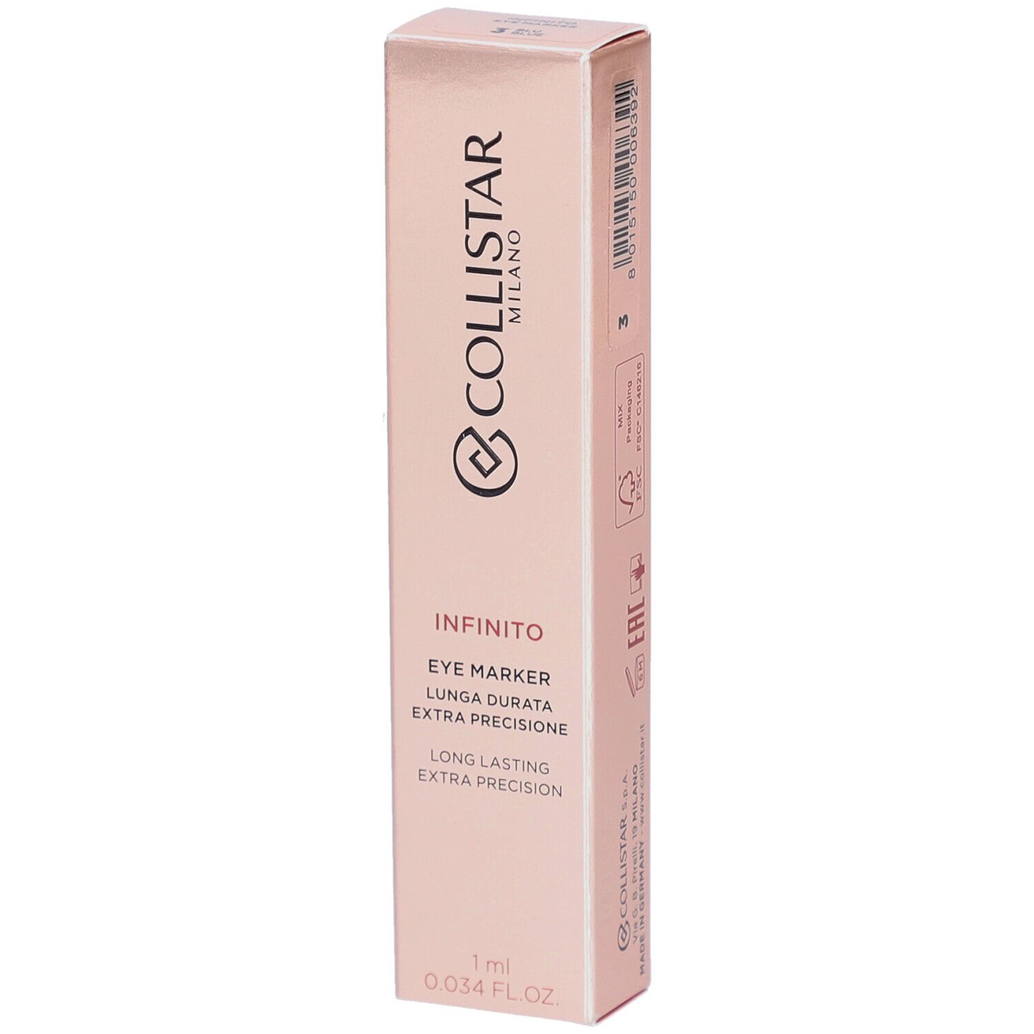 Emballage rose. Collistar Milano Infinito Eye Marker. Texte: Eye Marker, Lunga Durata, Extra Precisione. 1 ml.