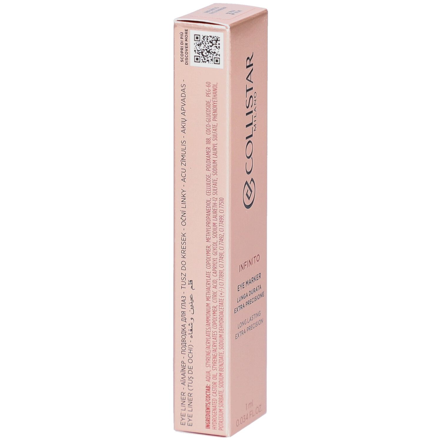 Emballage rose. Collistar Milano Infinito Eye Marker. Texte: Eye Marker, Lunga Durata, Extra Precisione. Ingrédients.