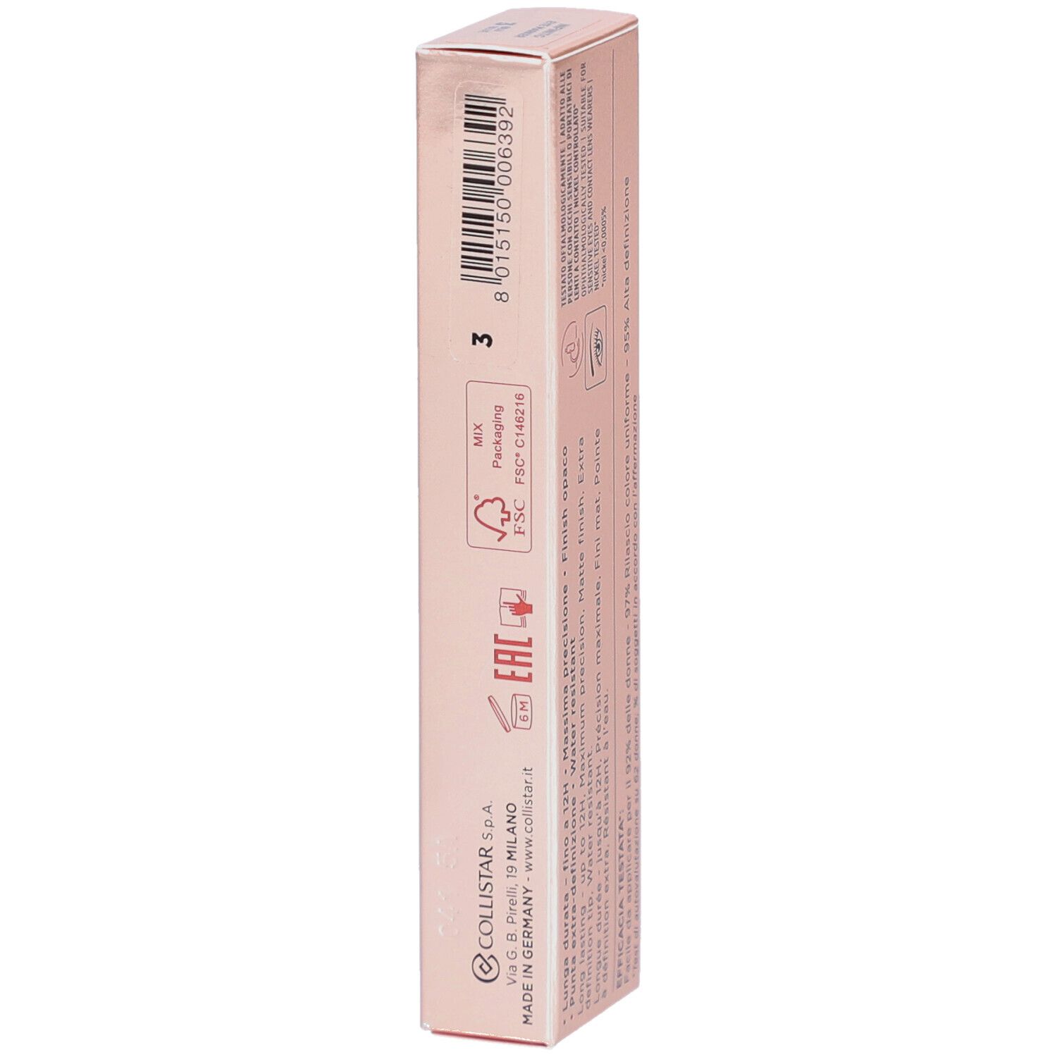 Emballage rose. Collistar Milano Infinito Eye Marker. Texte: Eye Marker, Lunga Durata, Extra Precisione. Code-barres.