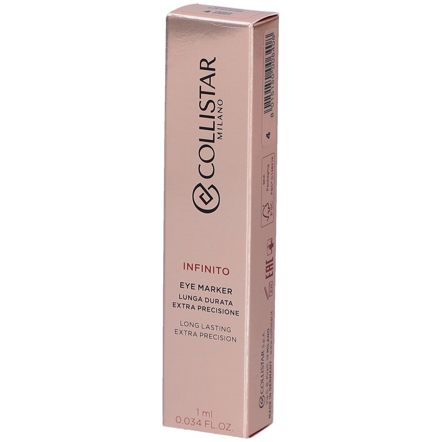 Emballage Collistar Infinito Eye Marker. Boîte rose doré avec informations produit et logo.