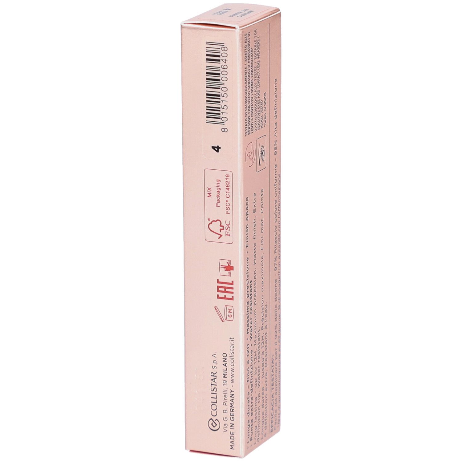 Côté de l'emballage Collistar Eye Marker. Code-barres, symboles de recyclage et informations fabricant.