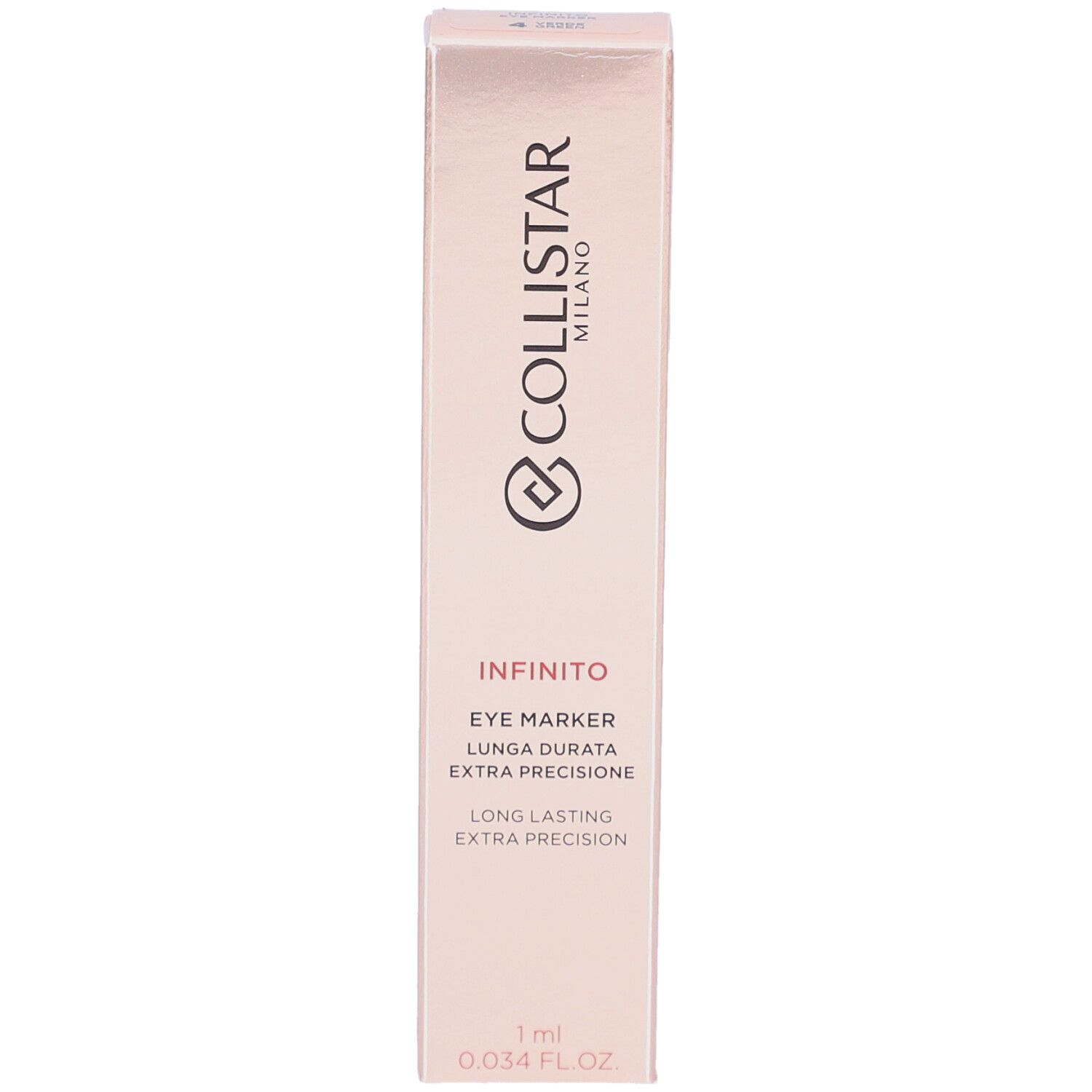 Emballage Collistar Infinito Eye Marker. Boîte rose doré avec informations produit et logo.