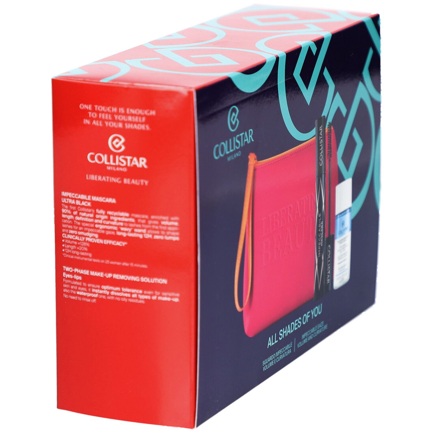 Emballage violet foncé avec mascara, démaquillant, trousse rose. Texte sur le côté.