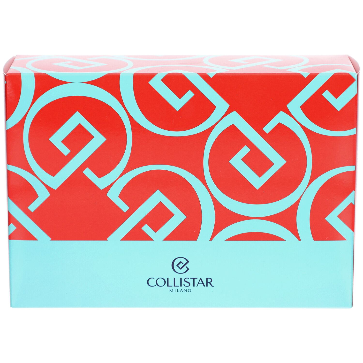 Boîte rectangulaire rouge avec motifs géométriques turquoise et logo. Partie inférieure turquoise.