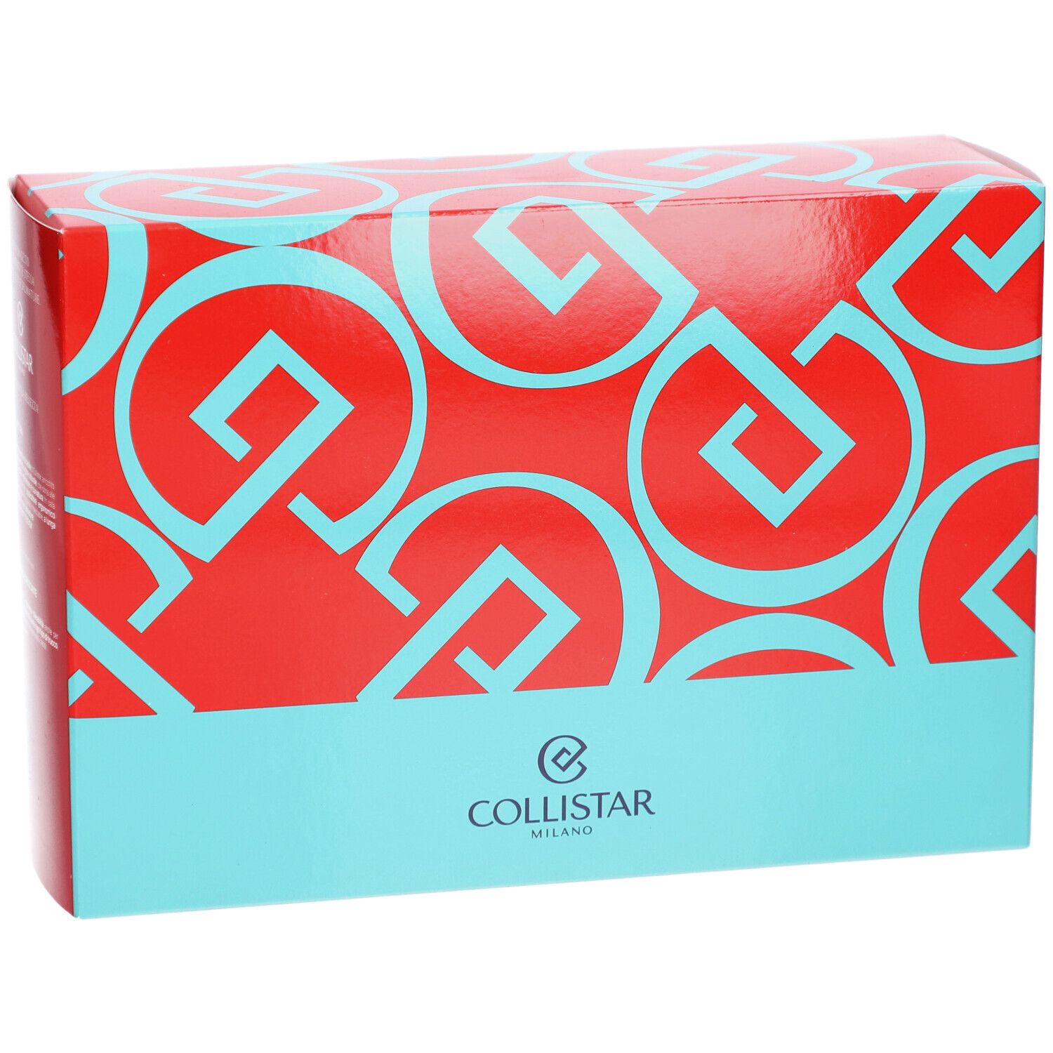 Boîte rectangulaire rouge avec motifs géométriques turquoise et logo. Partie inférieure turquoise.