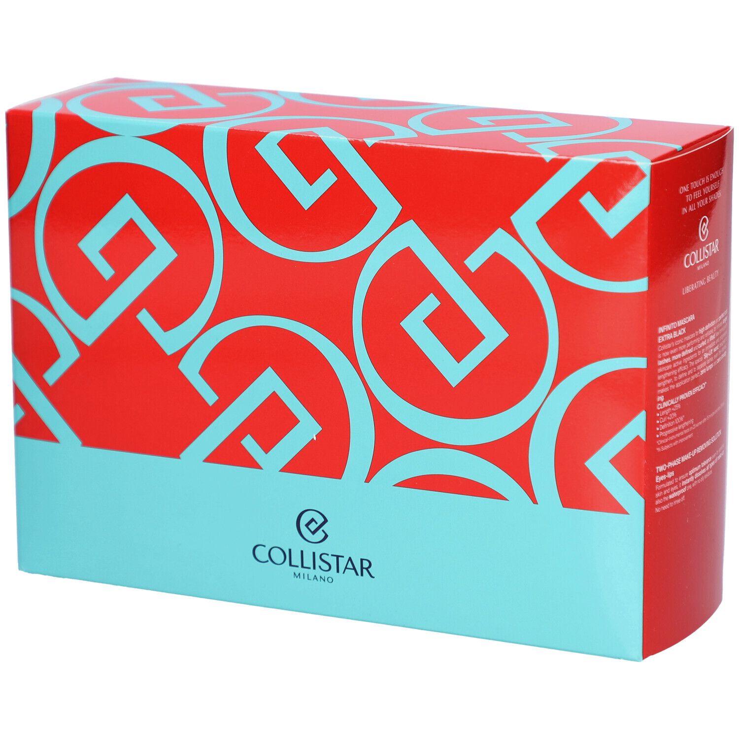 Coffret rouge et bleu. Motif de cercles et lettres. Bas bleu avec logo Collistar.