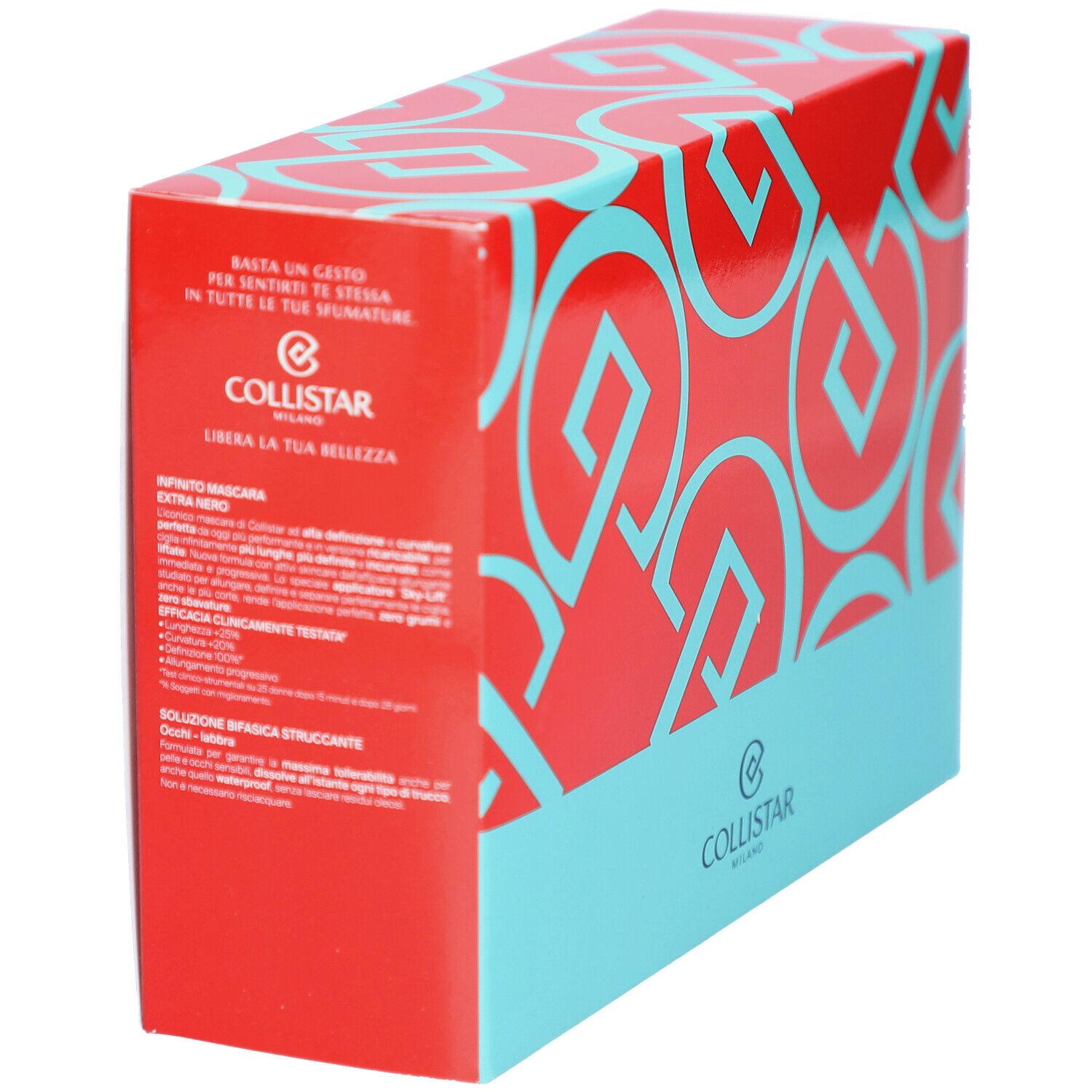 Coffret rouge et bleu. Motif de cercles et lettres. Logo Collistar.