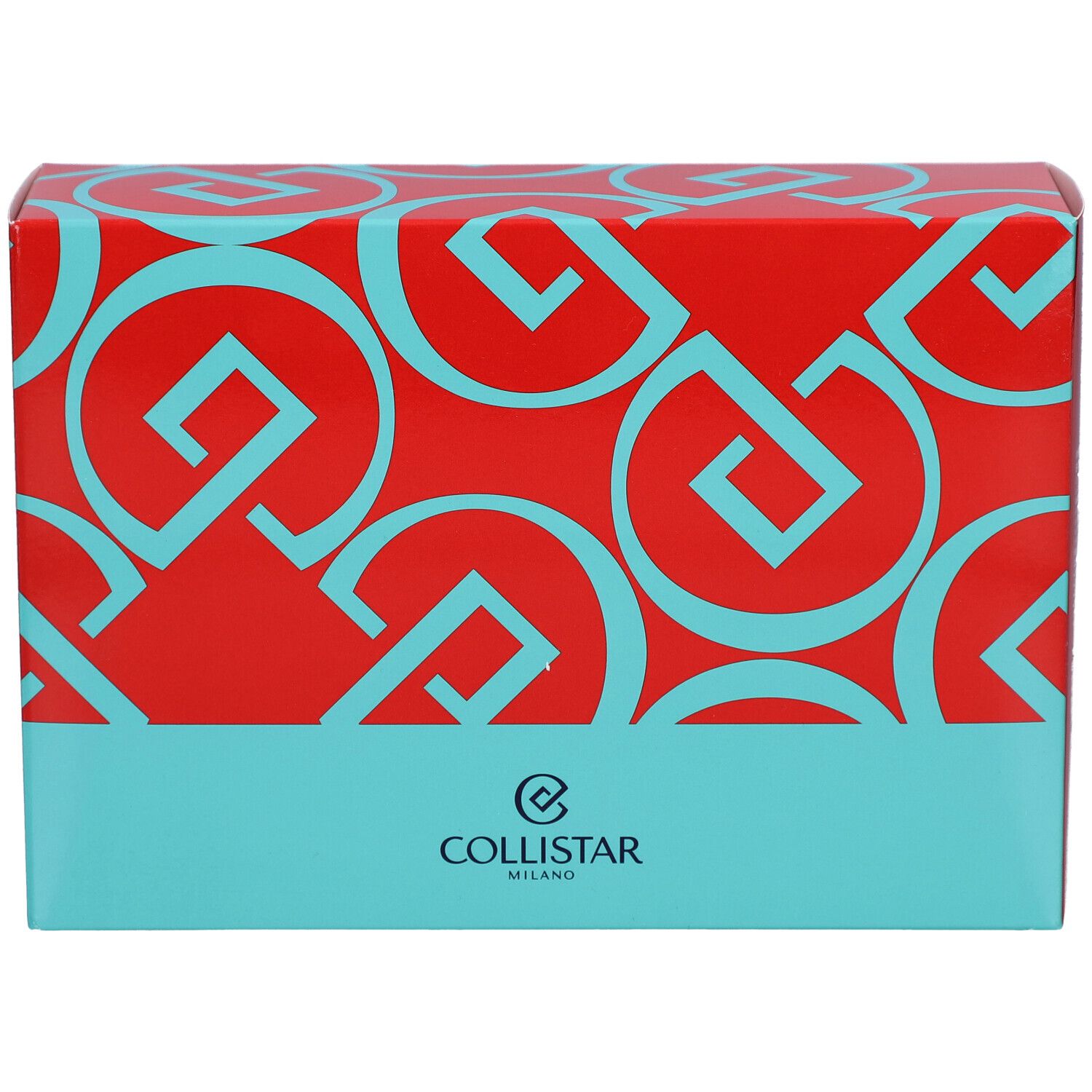 Coffret rouge et bleu. Motif de cercles et lettres. Bas bleu avec logo Collistar.