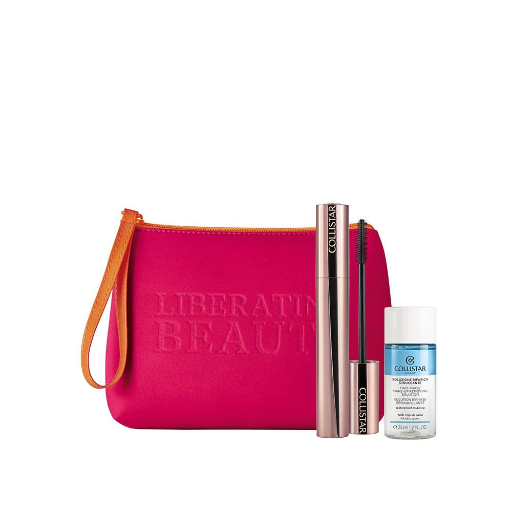 Coffret avec mascara, démaquillant et pochette. Produits et pochette.